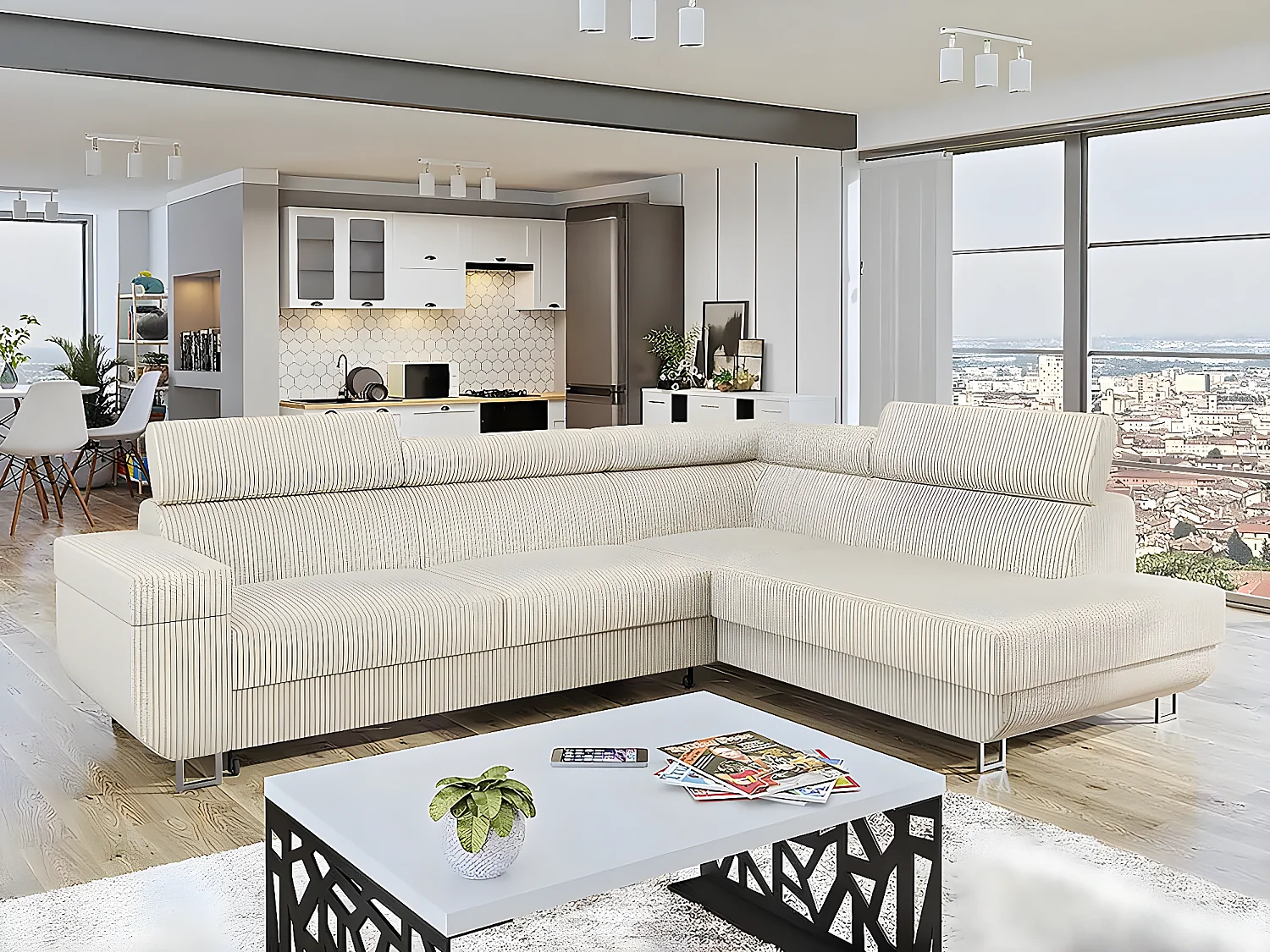 Canapé d'angle Droit "Fonti" en velours côtelé - 5 places - Beige