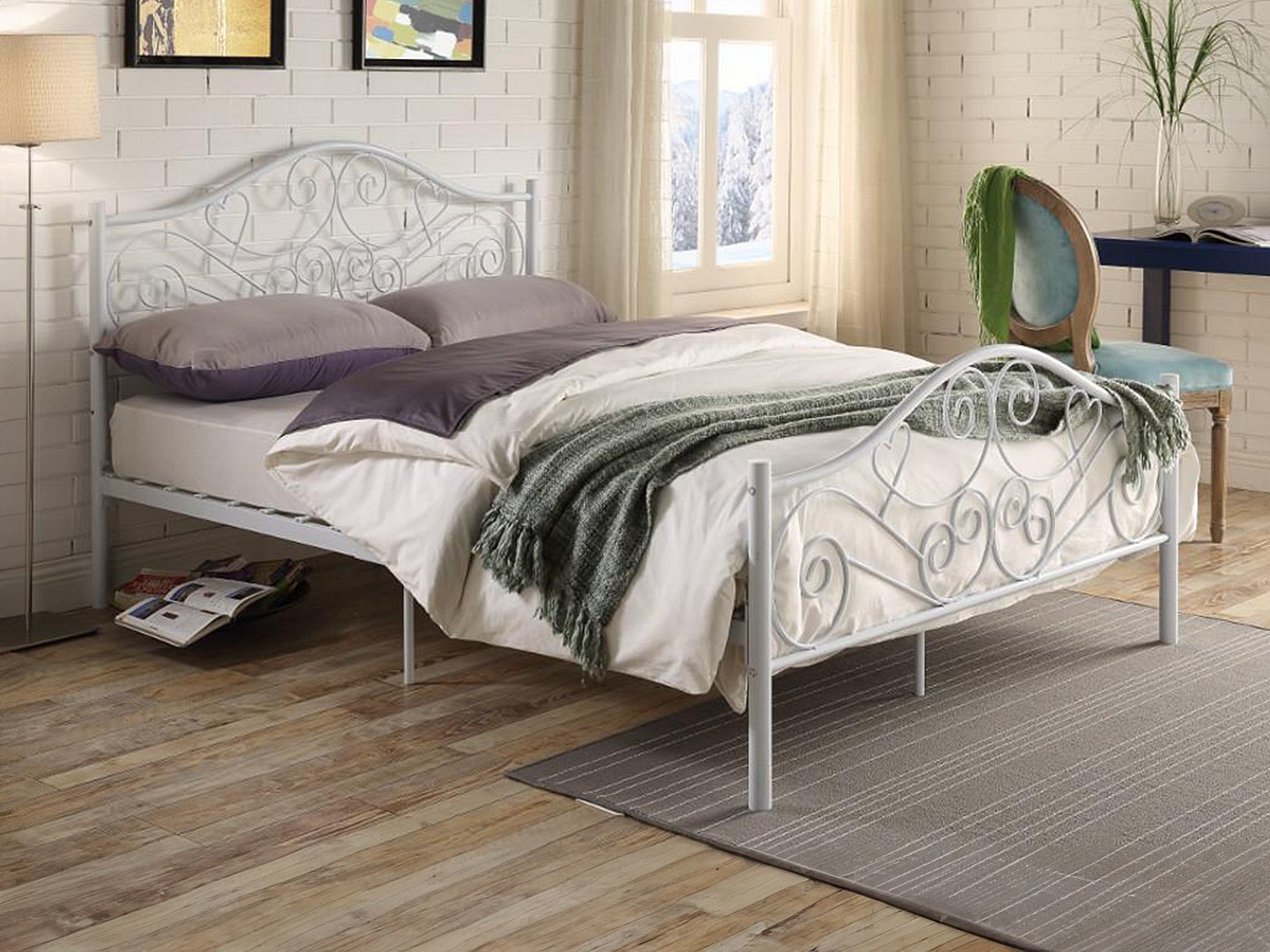 Lit LEYNA 140x190 cm - Métal façon fer forgé - Blanc