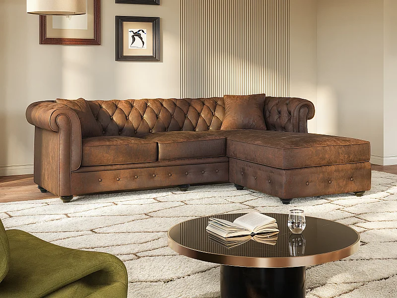 Sofá rinconera reversible chesterfield TOLEDO de microfibra envejecida - Marrón
