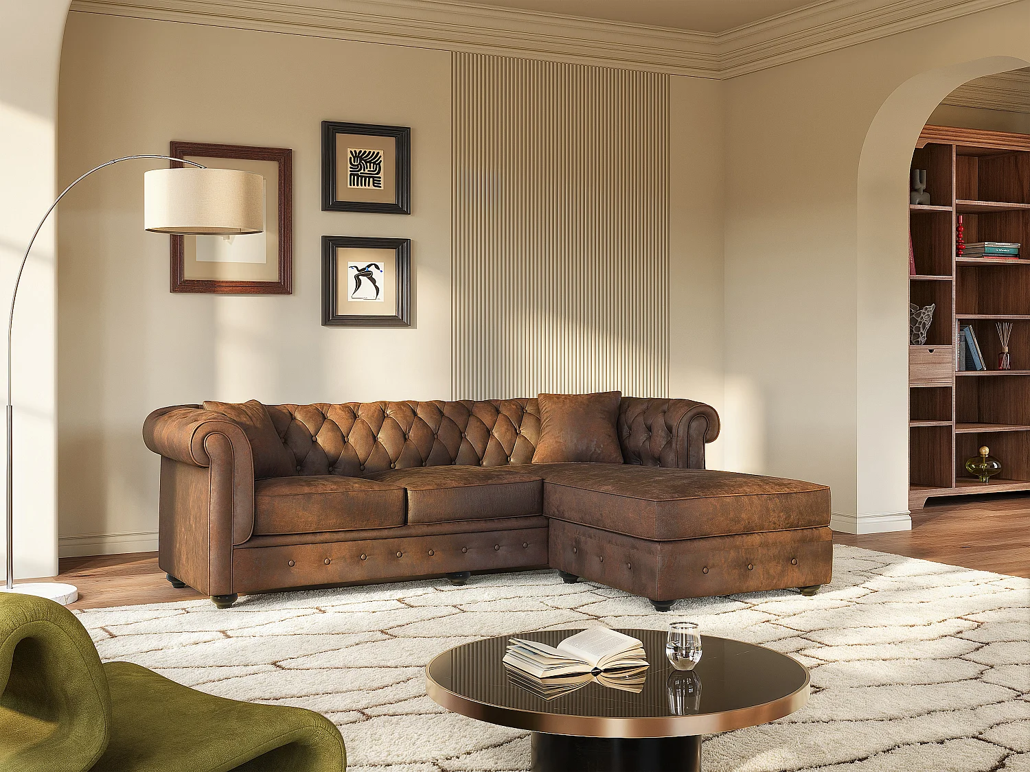 Canapé d'angle chesterfield réversible TOLEDO en microfibre vieillie - Marron