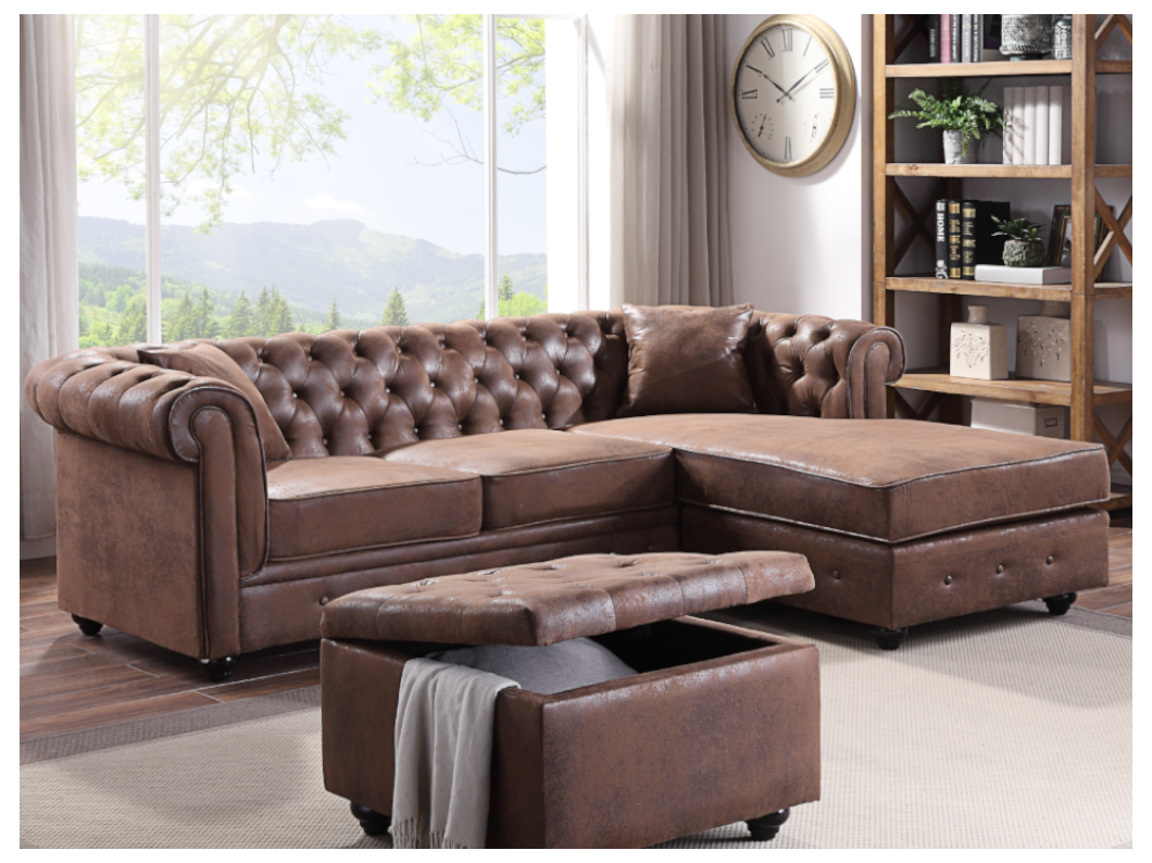 Hoekbank chesterfield omkeerbaar TOLEDO van microvezel met verouderd effect - Bruin 