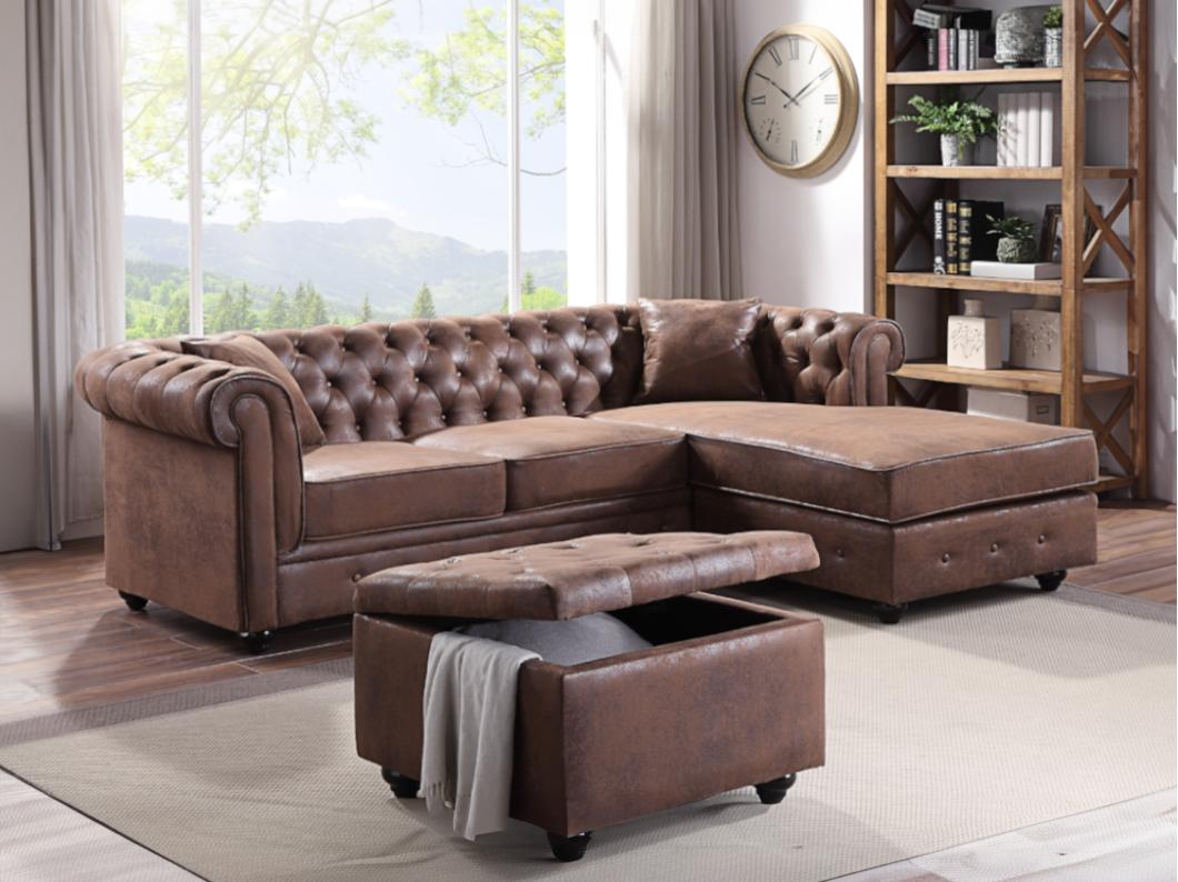 Hoekbank chesterfield omkeerbaar TOLEDO van microvezel met verouderd effect - Bruin 