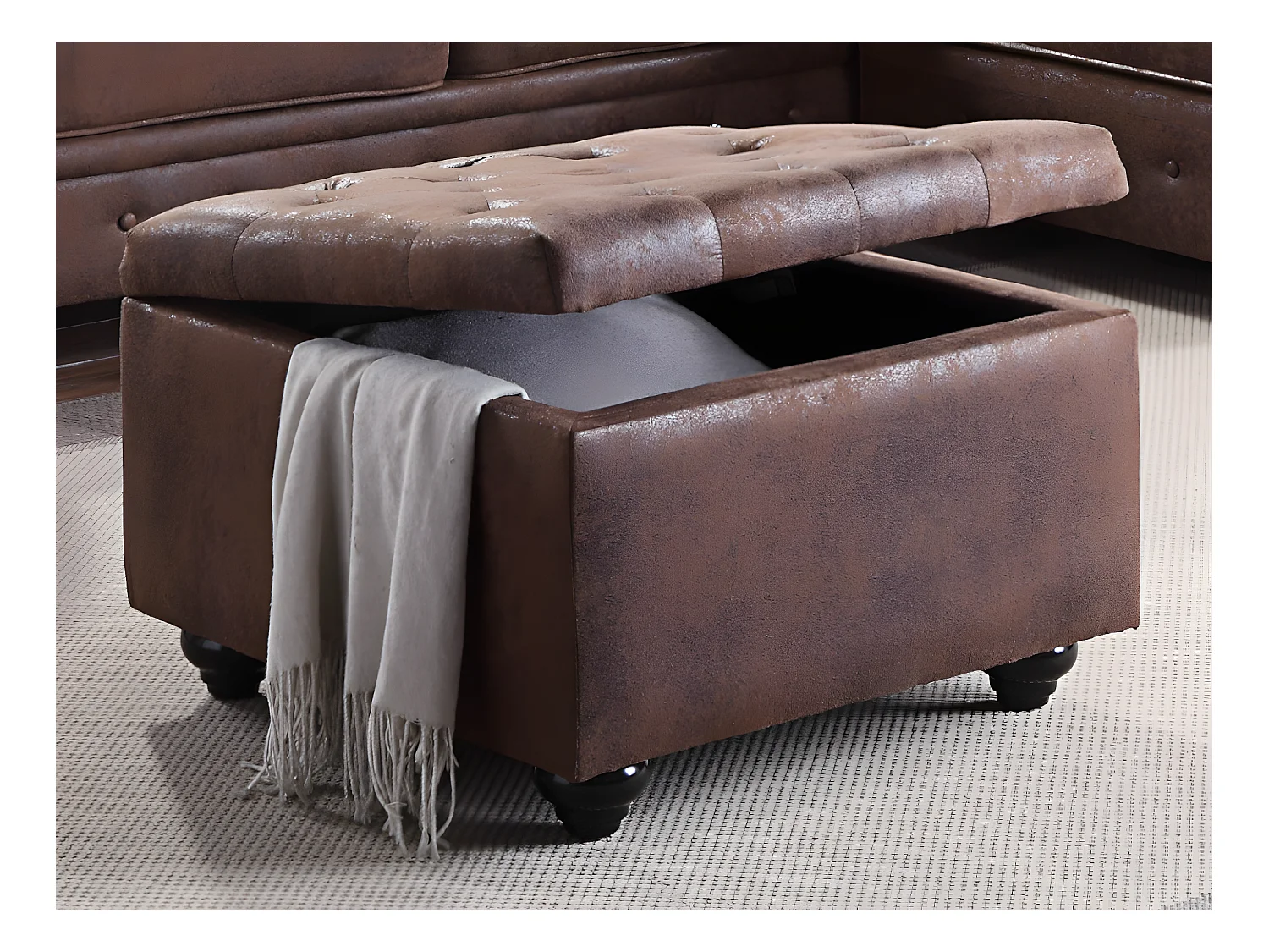 Pouf avec coffre en microfibre vieillie LOMAI - Marron