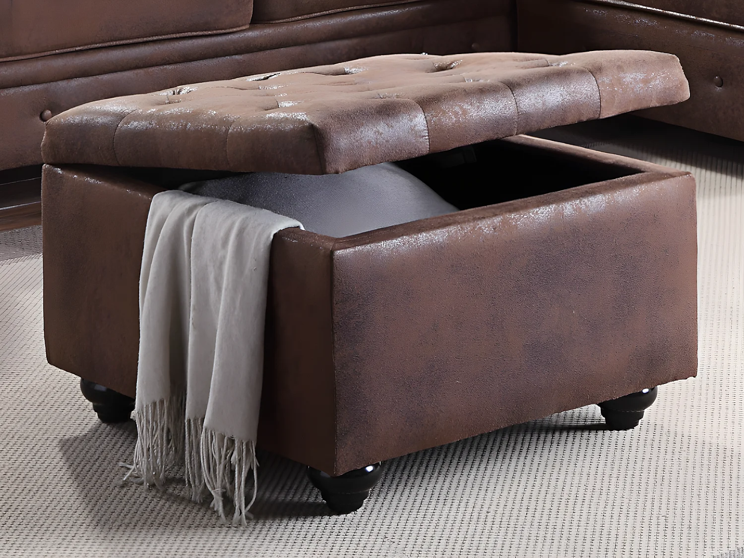 Pouf con vano in microfibra invecchiata LOMAI - Marrone