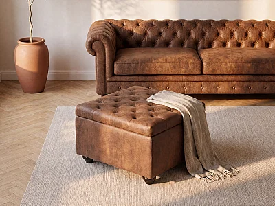 Pouf avec coffre en microfibre vieillie LOMAI - Marron