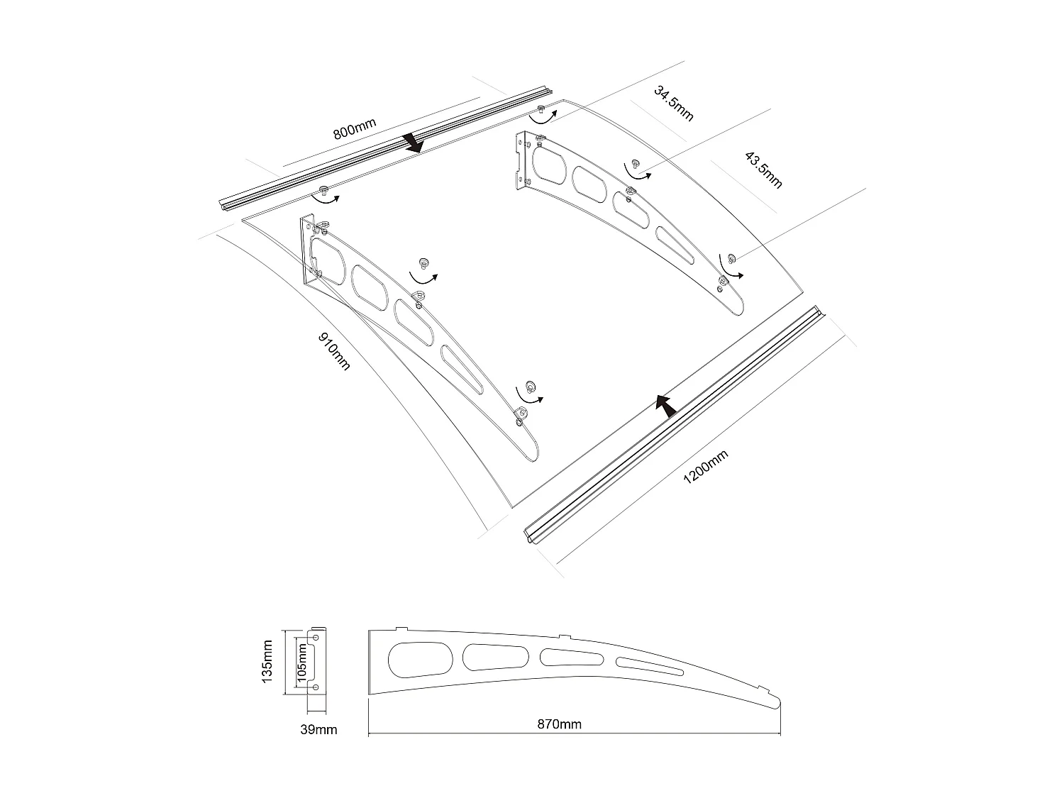 Auvent de porte en aluminium 120 x 90 cm courbé NEONA