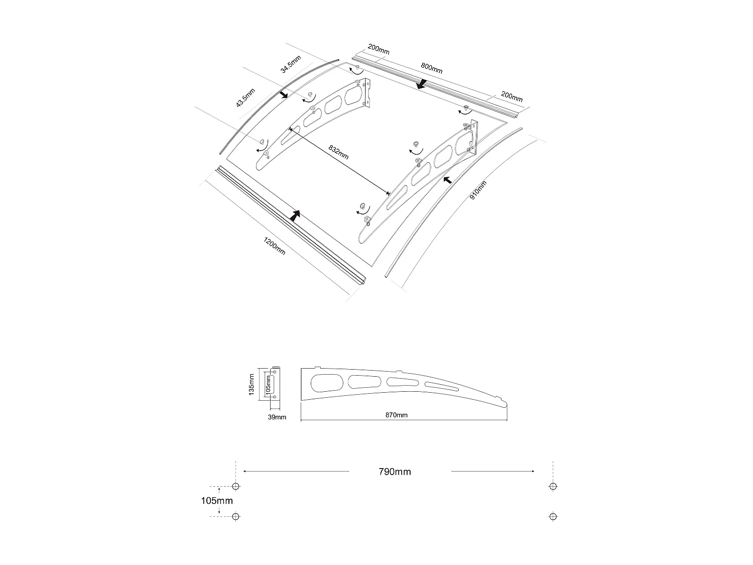 Luifel van aluminium 120 x 90 cm gebogen - grijs - NEONA