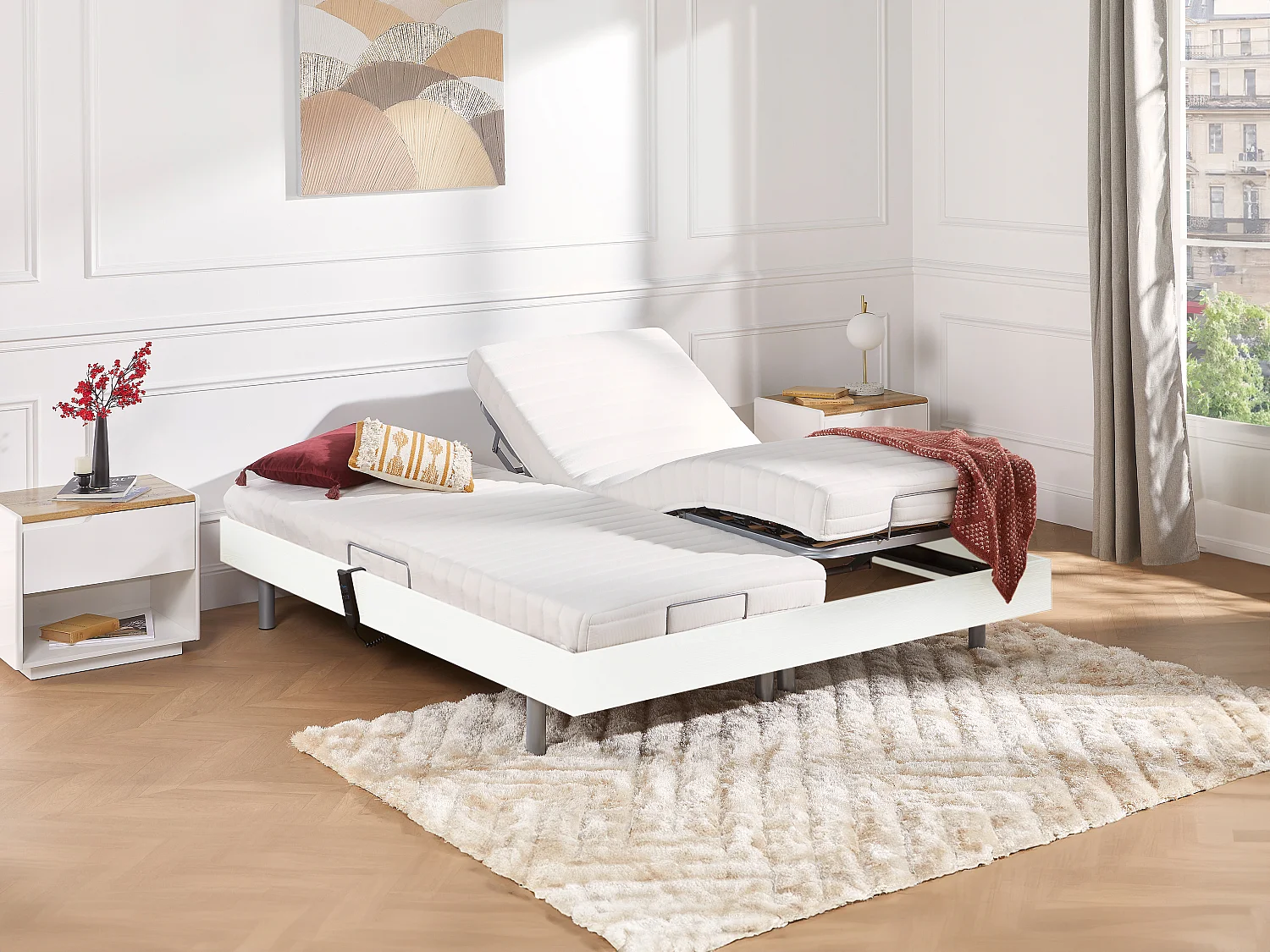 Elektrisch bed – bedbodem en matras – lattenbodem en contactplaatjes - PANDORA II van YSMÉE - Motor OKIN - wit - 2x90x200 cm