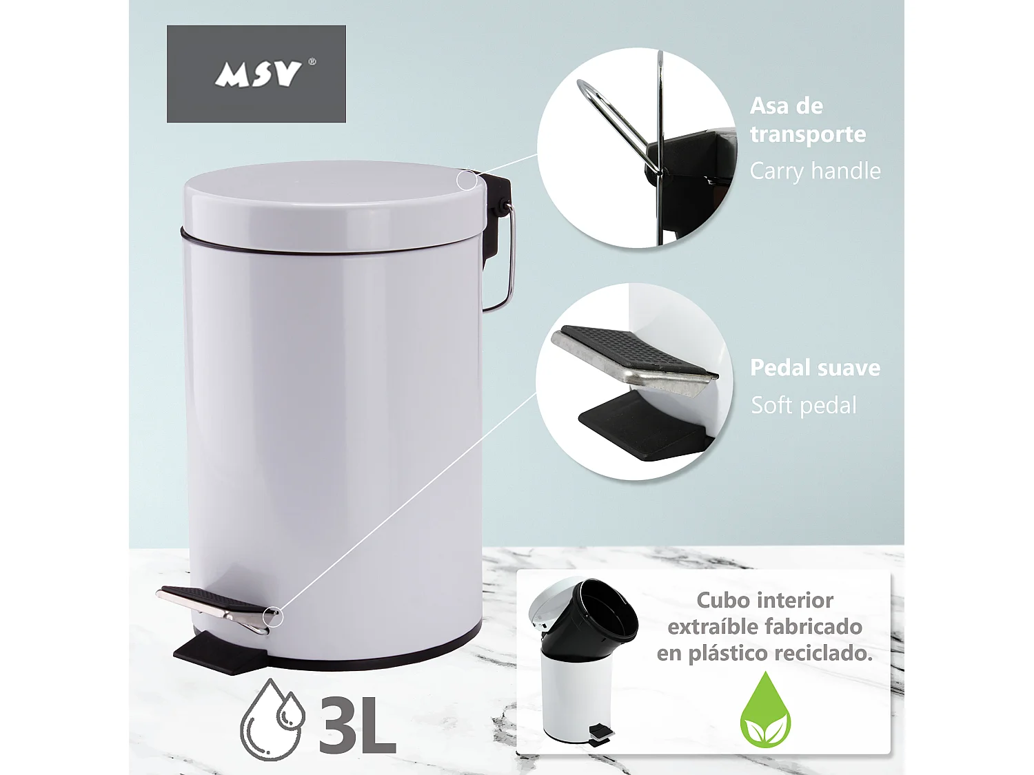 Poubelle 3 litres à pédale en acier msv 16,5 x 25 cm