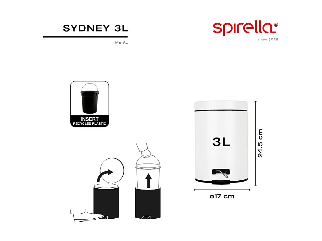 poubelle à pédale ø17 x 24,5 (3 litres), métal, blanc