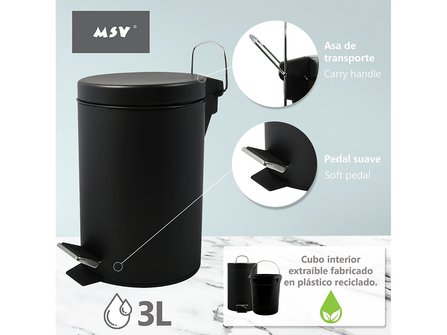 MSV Poubelle à  pédale Acier 3L Noir Mat