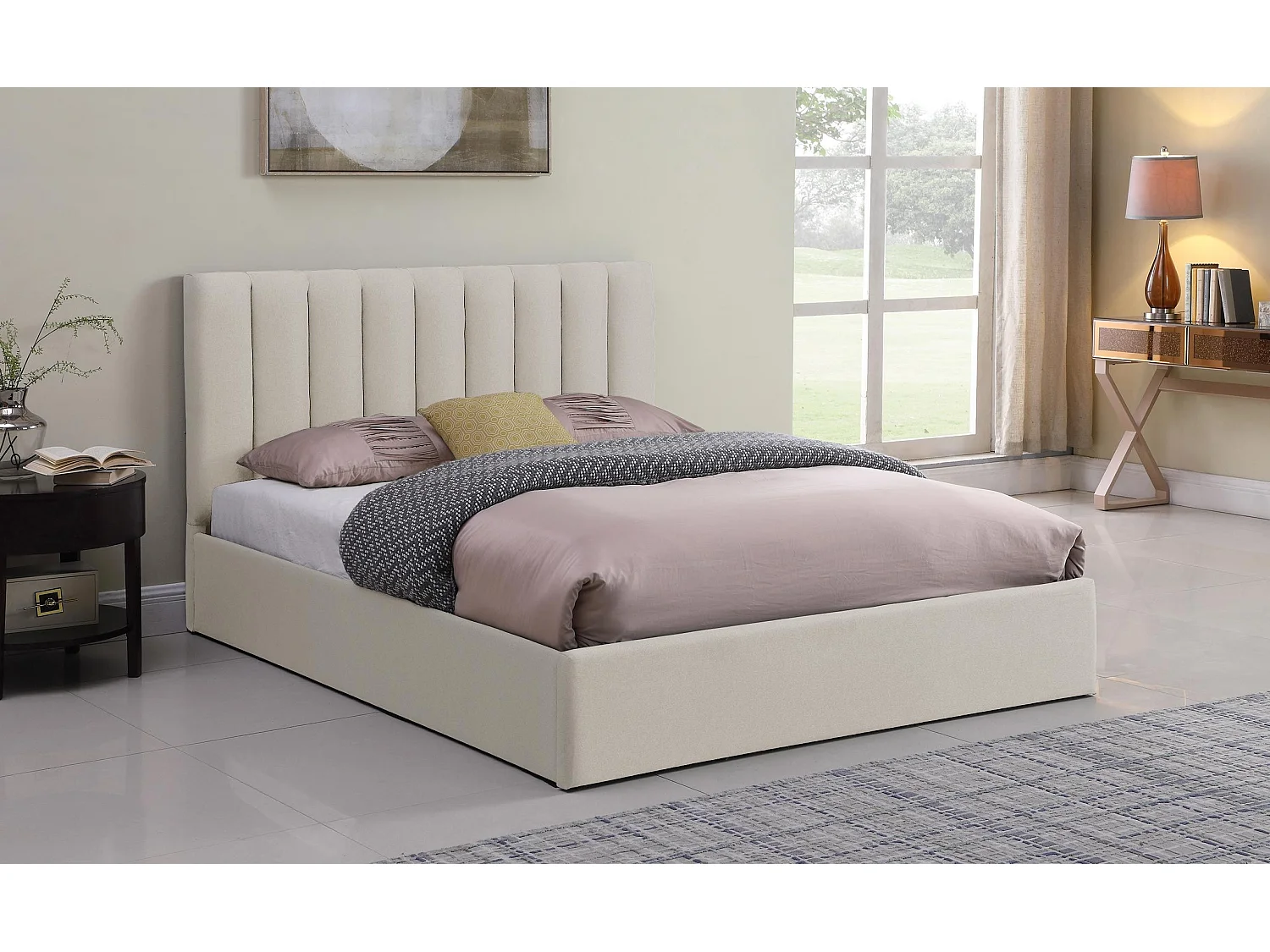 Lit Coffre Design en Tissu "Songa" 140x190cm Beige