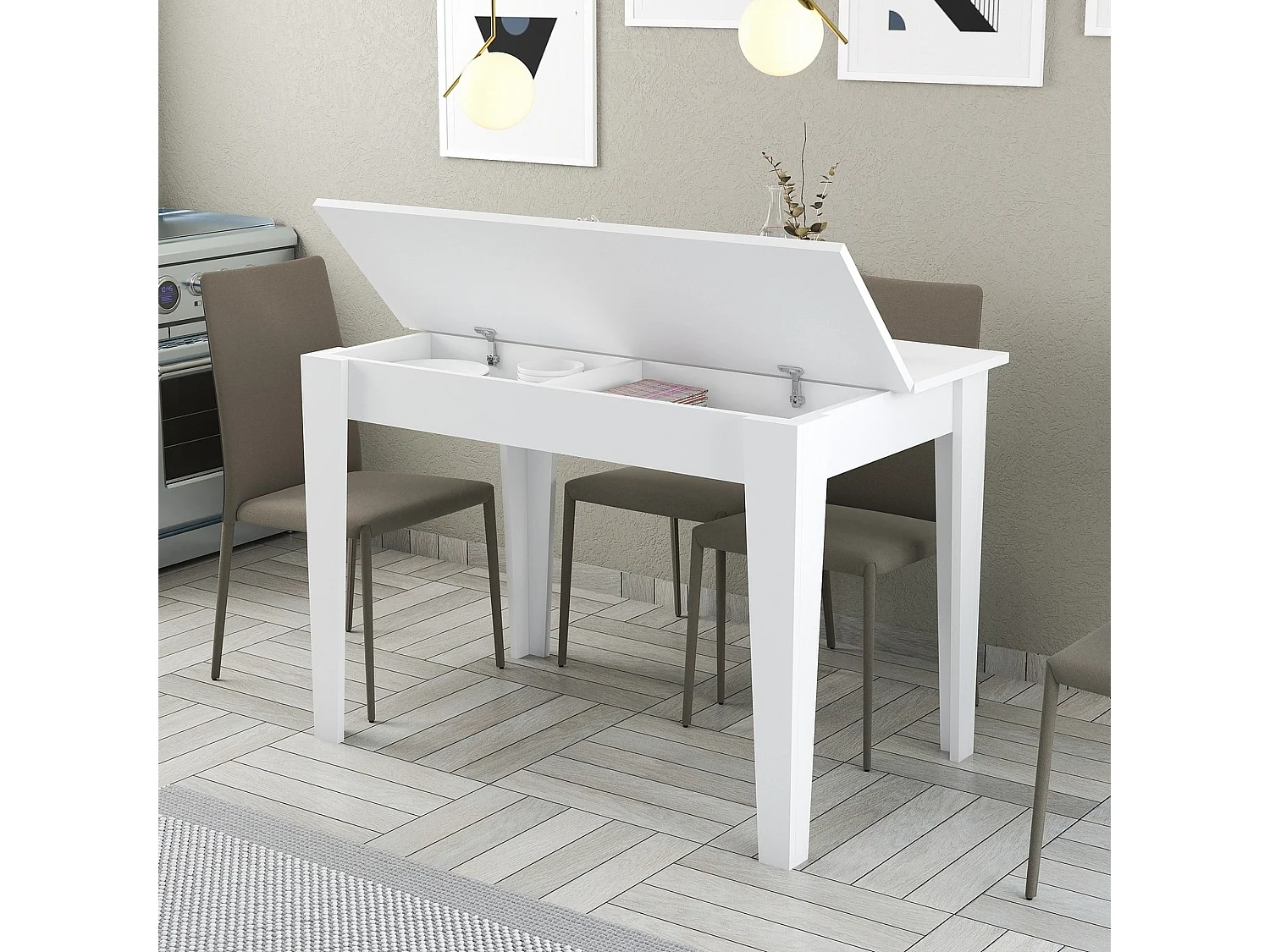 Table de cuisine, 100% aggloméré plaqué mélamine, couleur blanche 110x75x72