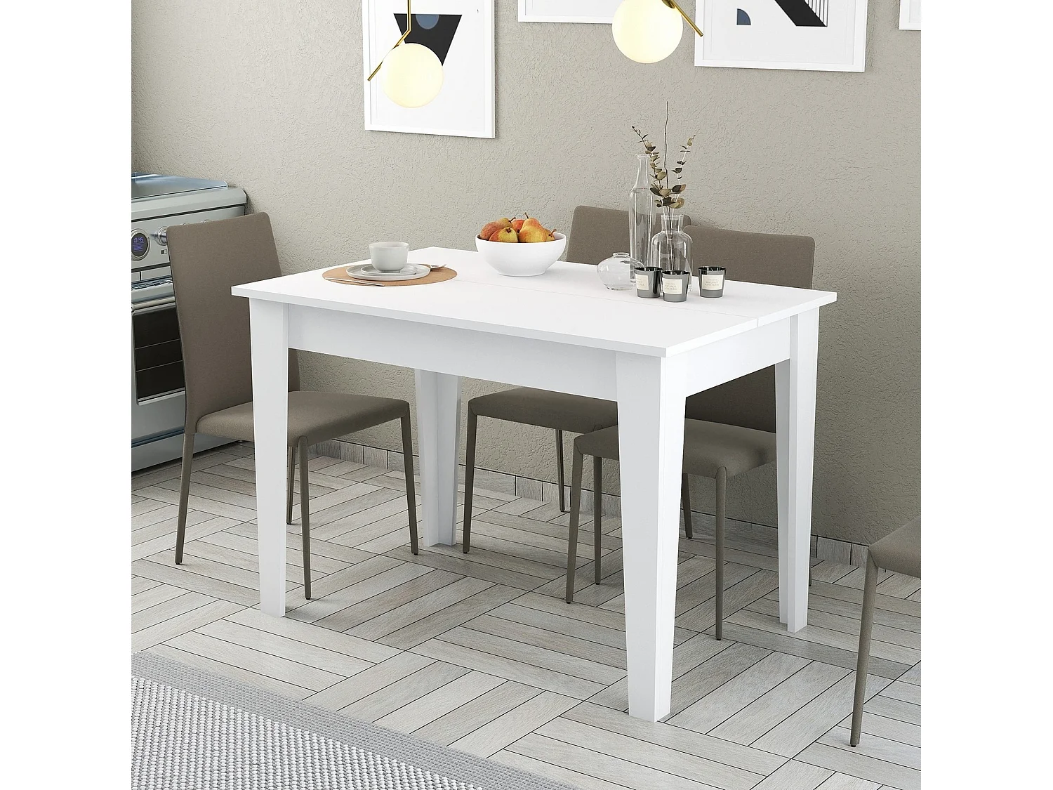 Table de cuisine, 100% aggloméré plaqué mélamine, couleur blanche 110x75x72