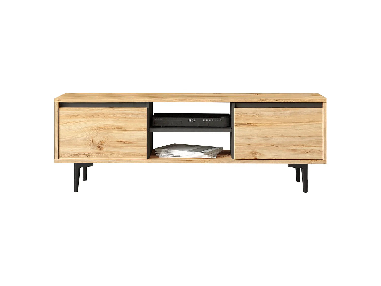 Meuble tv mississipi design 100 % panneau de particules plaqué mélaminé en couleur ivoire antracite, 140x48,1x35,5