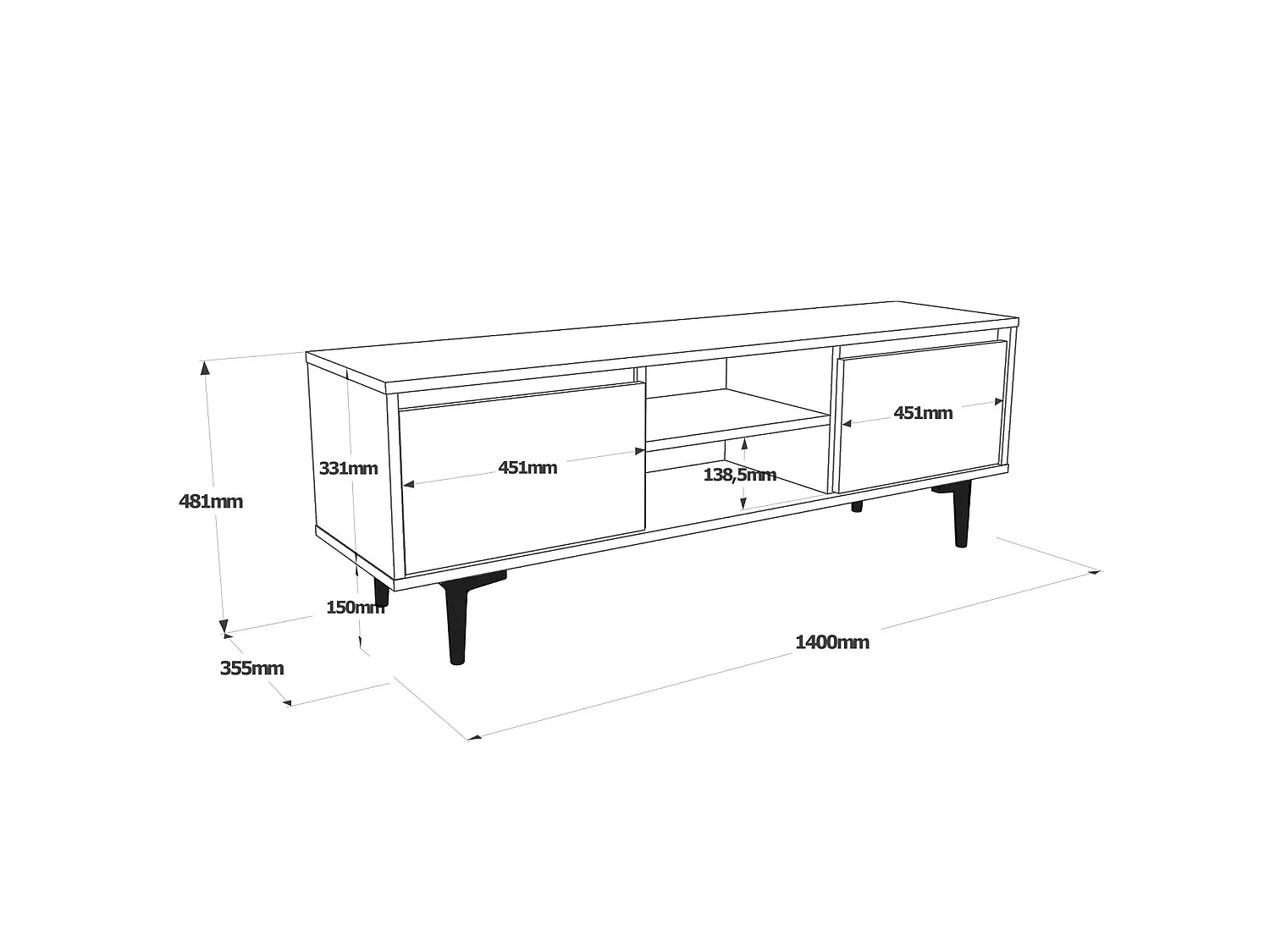 Meuble tv mississipi design 100 % panneau de particules plaqué mélaminé en couleur ivoire antracite, 140x48,1x35,5