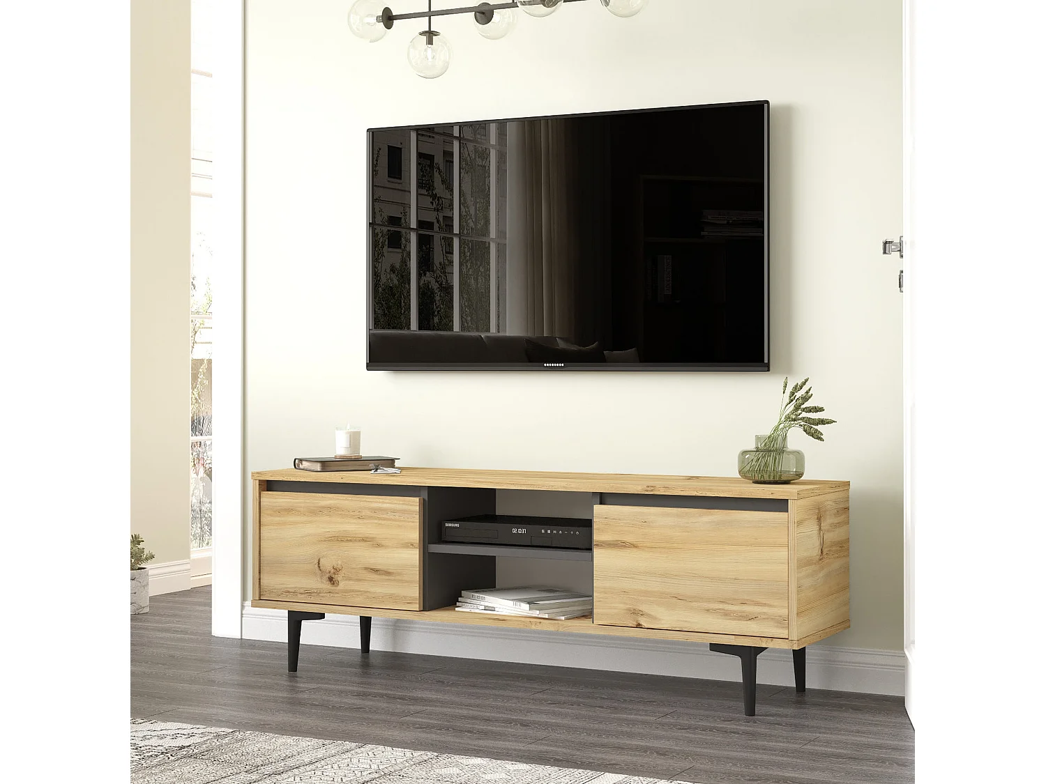 Meuble tv mississipi design 100 % panneau de particules plaqué mélaminé en couleur ivoire antracite, 140x48,1x35,5