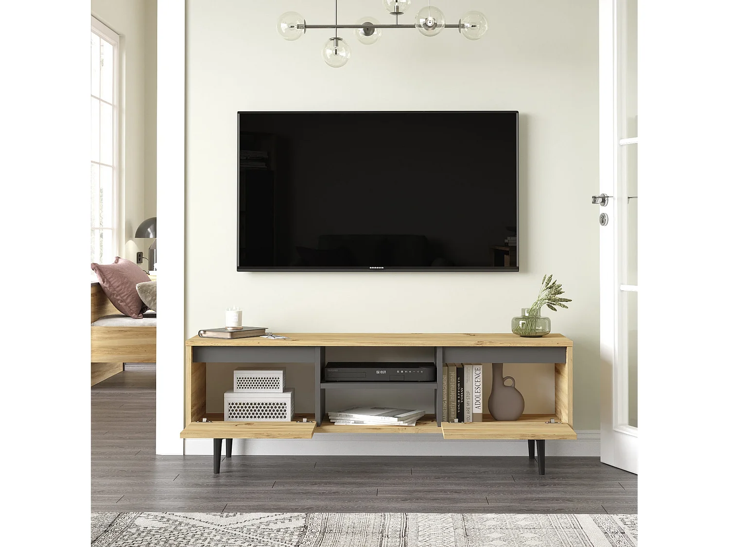 Meuble tv mississipi design 100 % panneau de particules plaqué mélaminé en couleur ivoire antracite, 140x48,1x35,5