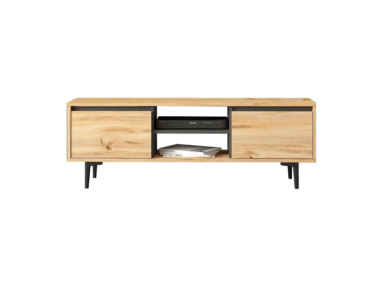 Meuble tv mississipi design 100 % panneau de particules plaqué mélaminé en couleur ivoire antracite, 140x48,1x35,5