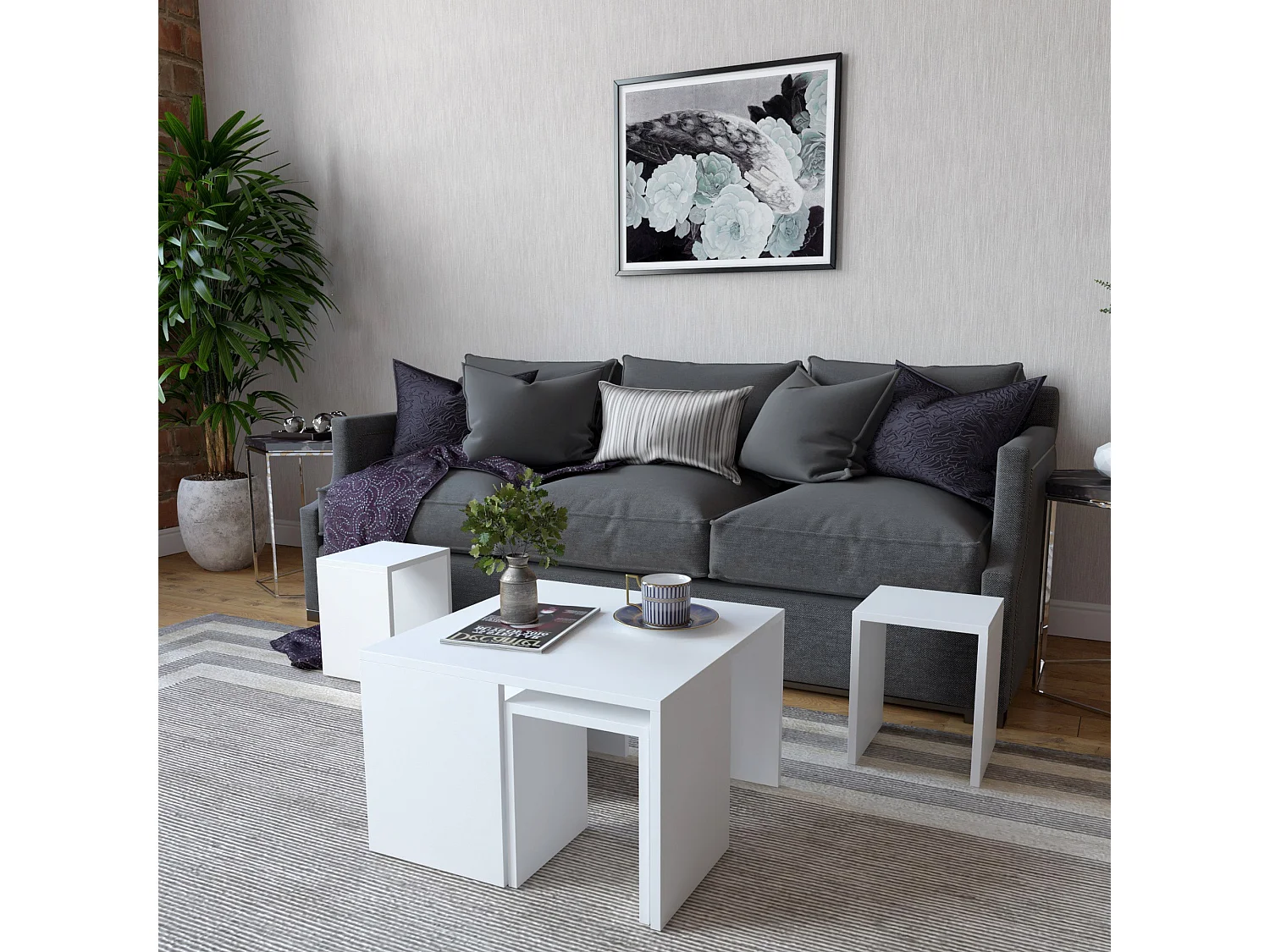 Set table d'appoint sena design 100% panneau de particules plaqué mélaminé en couleur blanc, 60x36,8x60