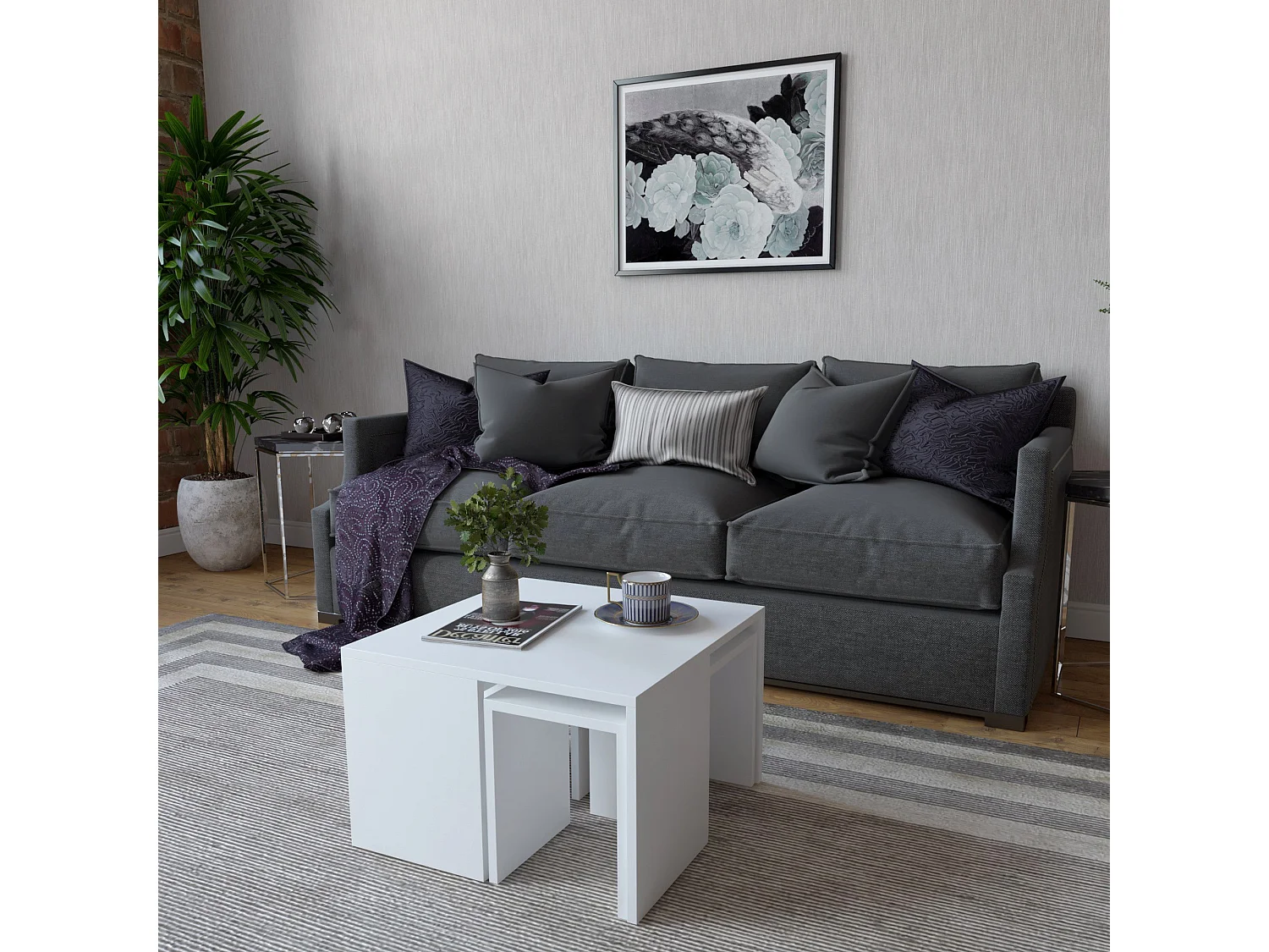 Set table d'appoint sena design 100% panneau de particules plaqué mélaminé en couleur blanc, 60x36,8x60