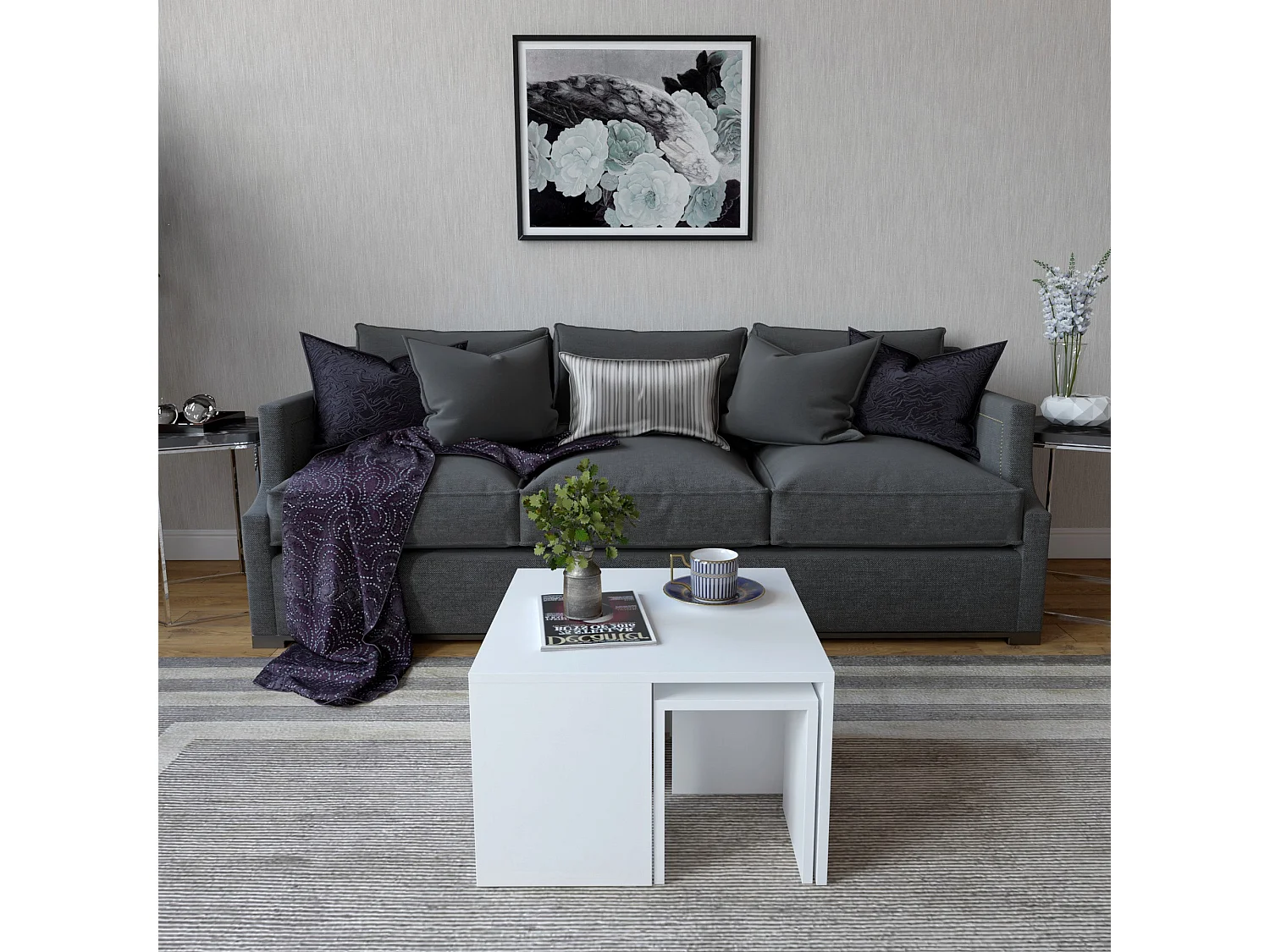 Set table d'appoint sena design 100% panneau de particules plaqué mélaminé en couleur blanc, 60x36,8x60