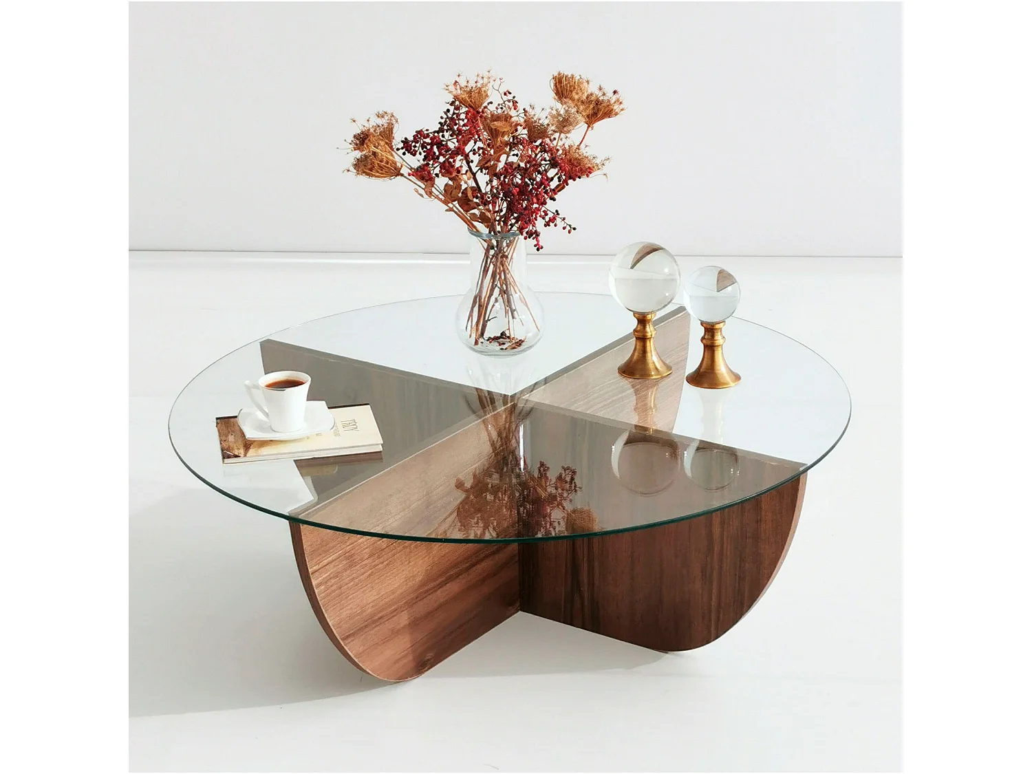 Tables basses rhin ronde en verre trempé en couleur nogal, 90x30x90