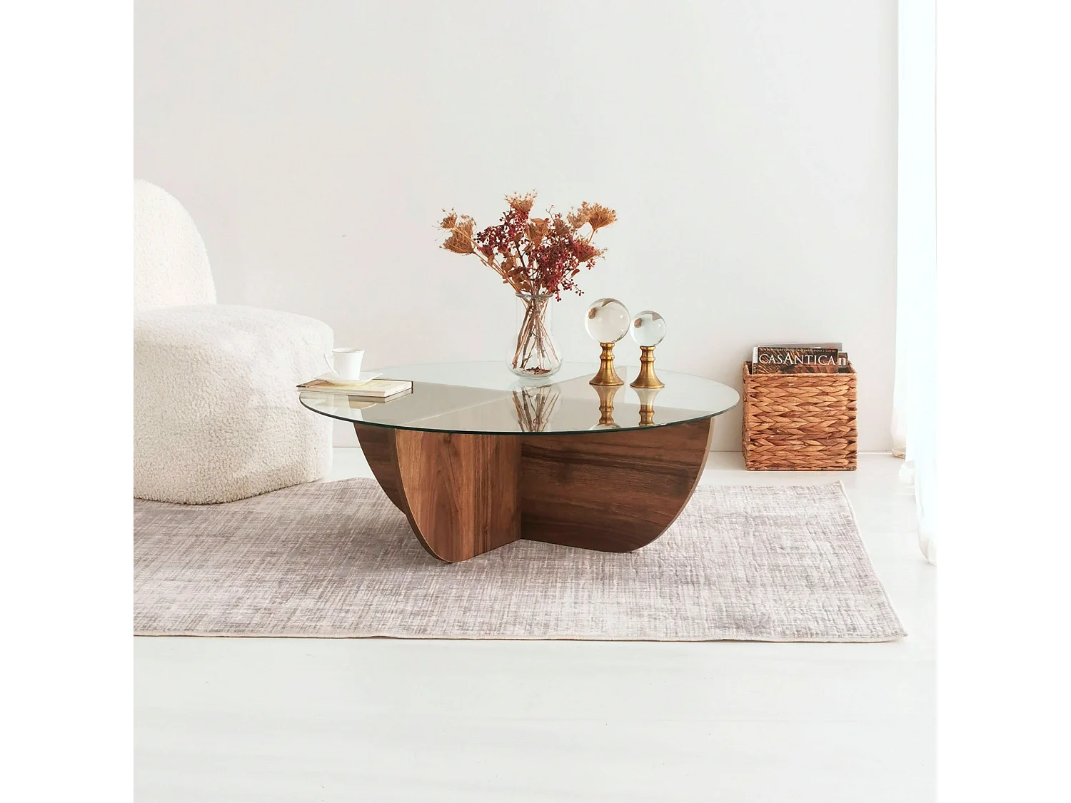 Tables basses rhin ronde en verre trempé en couleur nogal, 90x30x90