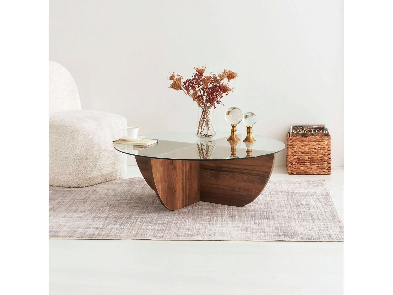 Tables basses rhin ronde en verre trempé en couleur nogal, 90x30x90