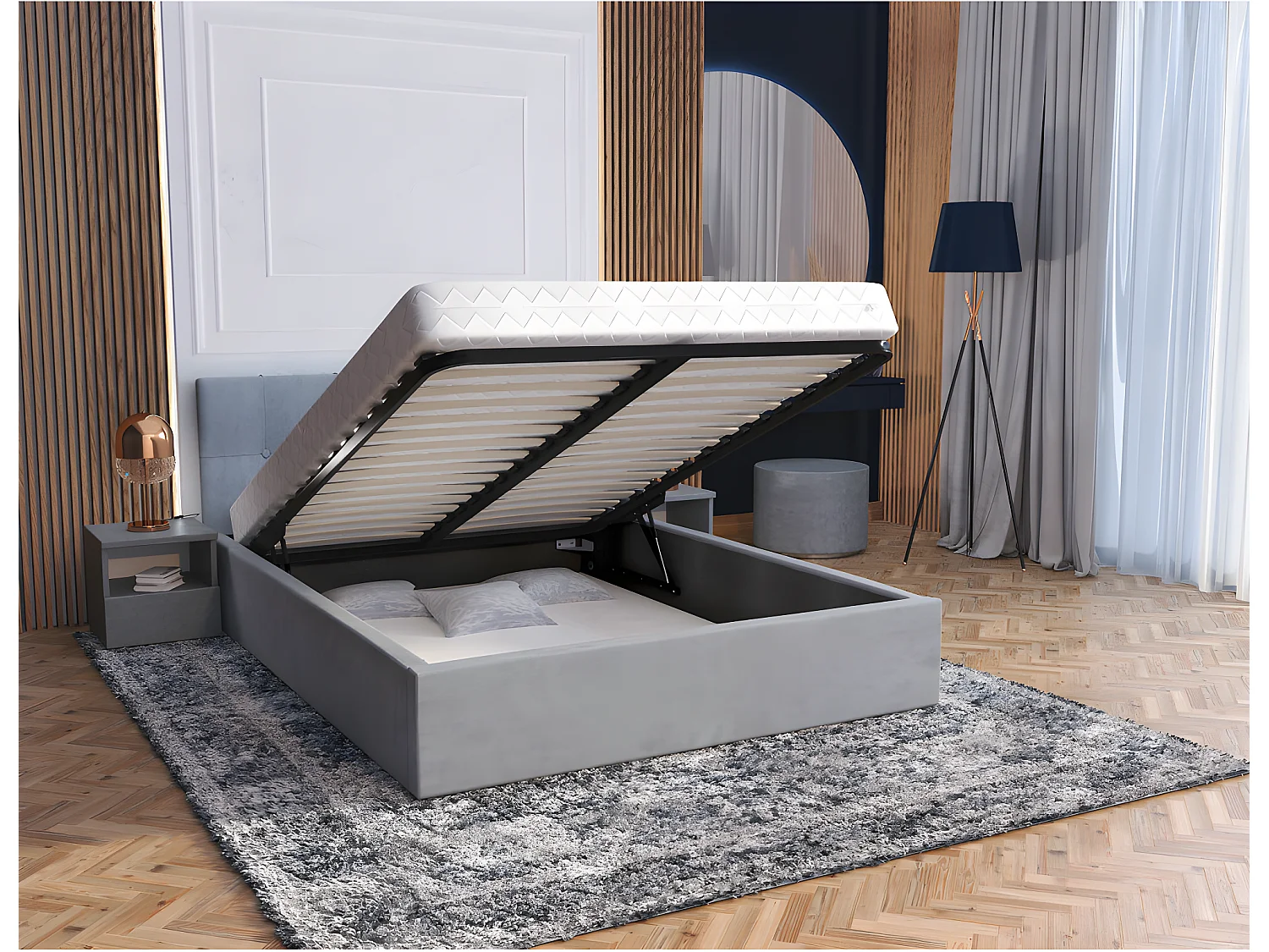 Lit coffre Vegas 140 x 190 cm  avec sommier à lattes relevable Gris Clair