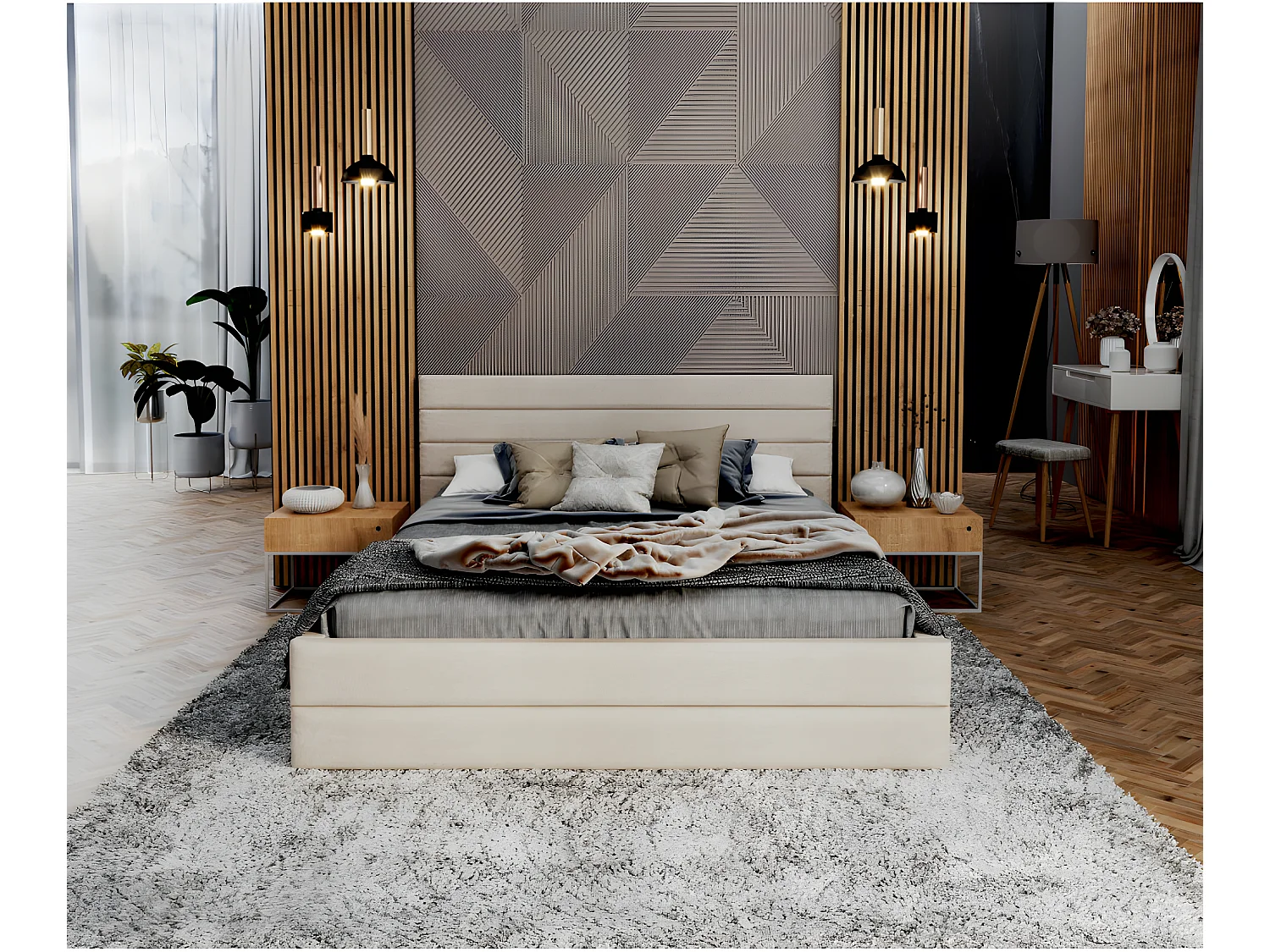 Lit coffre DALLAS 140 x 190 cm avec sommier à lattes relevable Beige