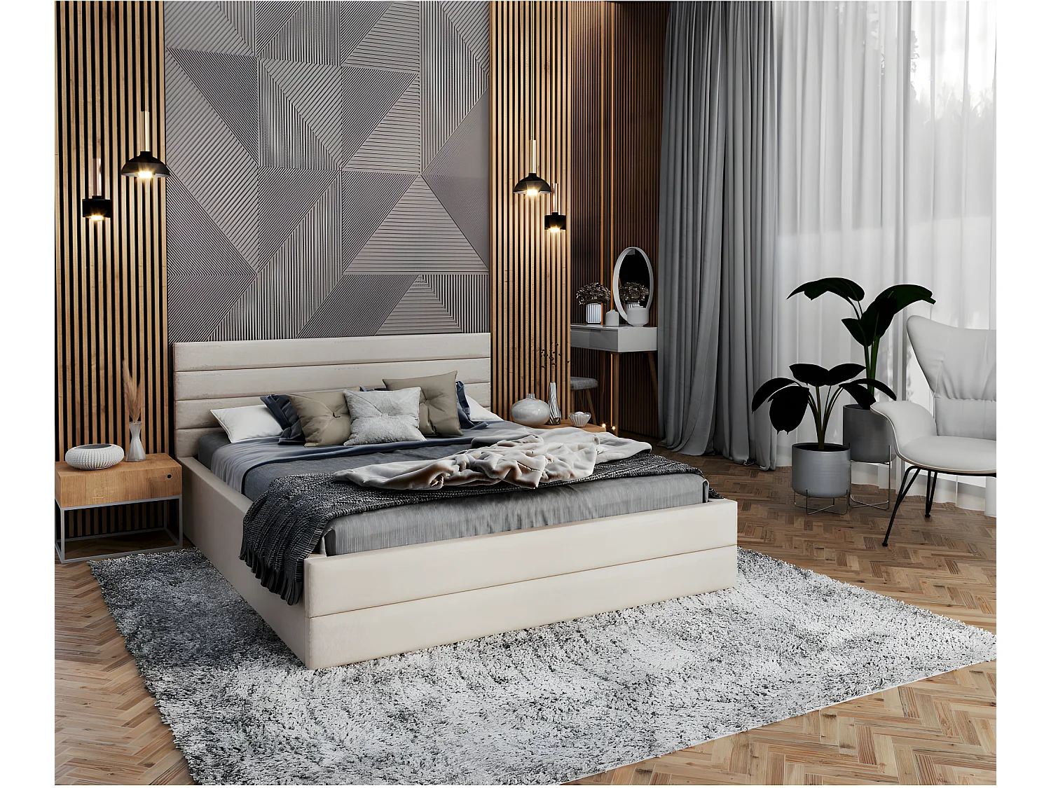 Lit coffre DALLAS 160 x 200 cm avec sommier à lattes relevable Beige