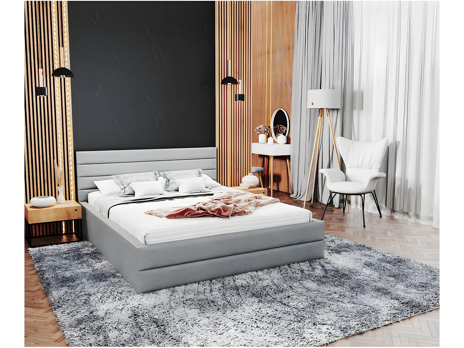 Lit coffre DALLAS 140 x 190 cm avec sommier à lattes relevable Gris Clair