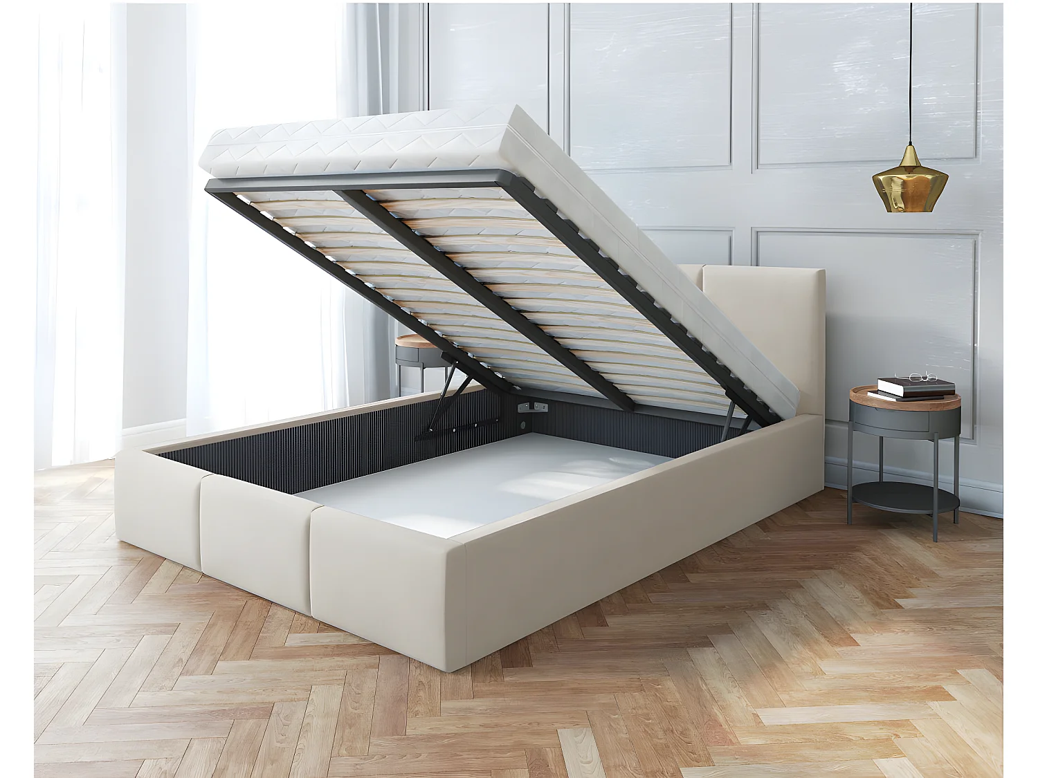 Lit coffre Tulum 140 x 190 cm avec sommier à lattes relevable Beige