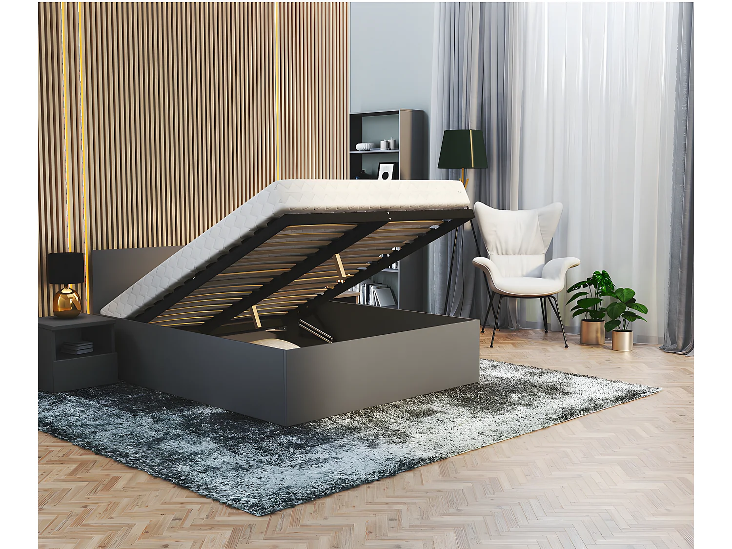 Lit coffre Paris 160 x 200 cm avec sommier à lattes relevable Gris