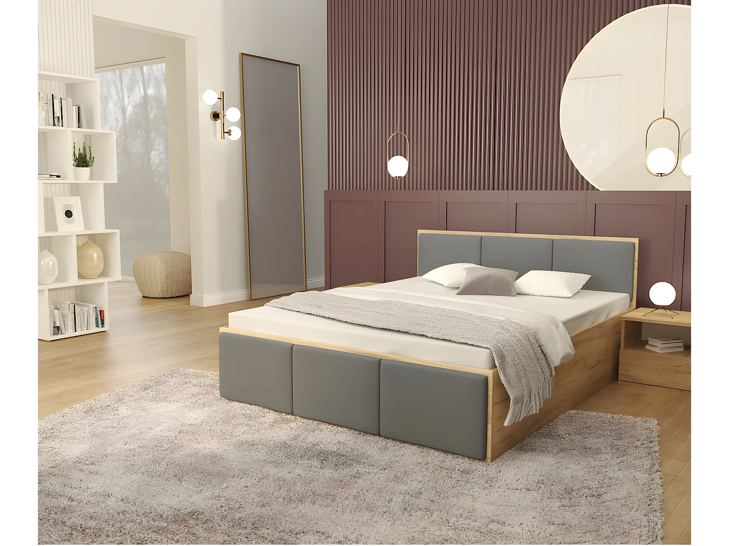 Lit coffre Barcelona 160 x 200 cm avec sommier à lattes relevable Chêne - Gris fonce