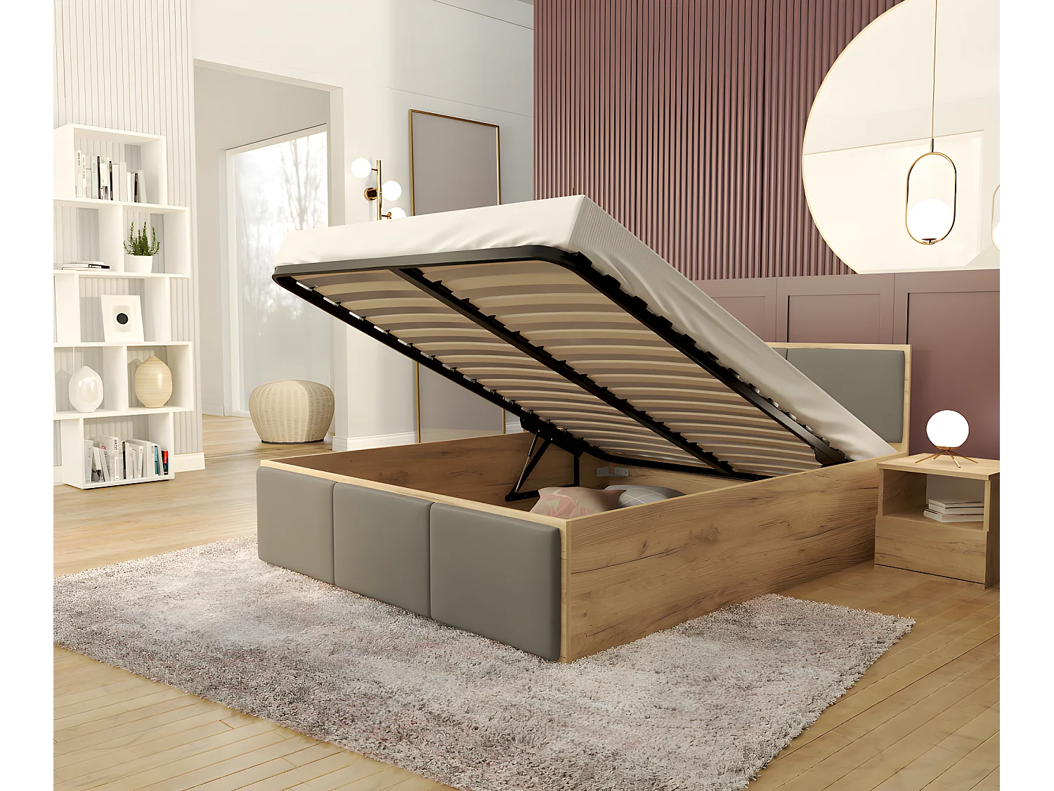 Lit coffre Barcelona 160 x 200 cm avec sommier à lattes relevable Chêne - Gris fonce