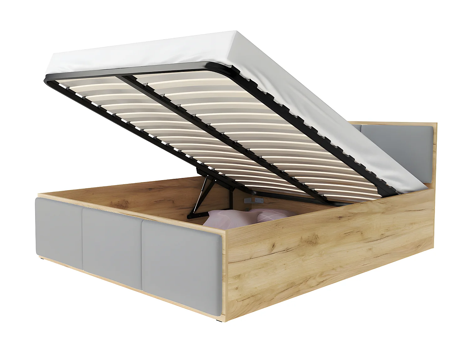 Lit coffre Barcelona 140 x 190 cm avec sommier à lattes relevable Chêne - Gris clair