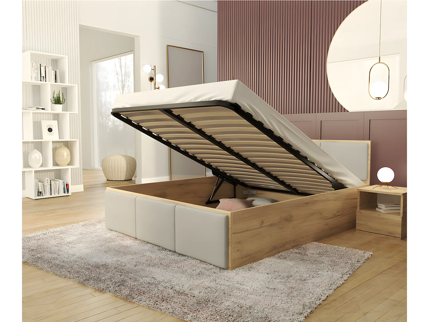 Lit coffre Barcelona 140 x 190 cm avec sommier à lattes relevable Chêne - Gris clair