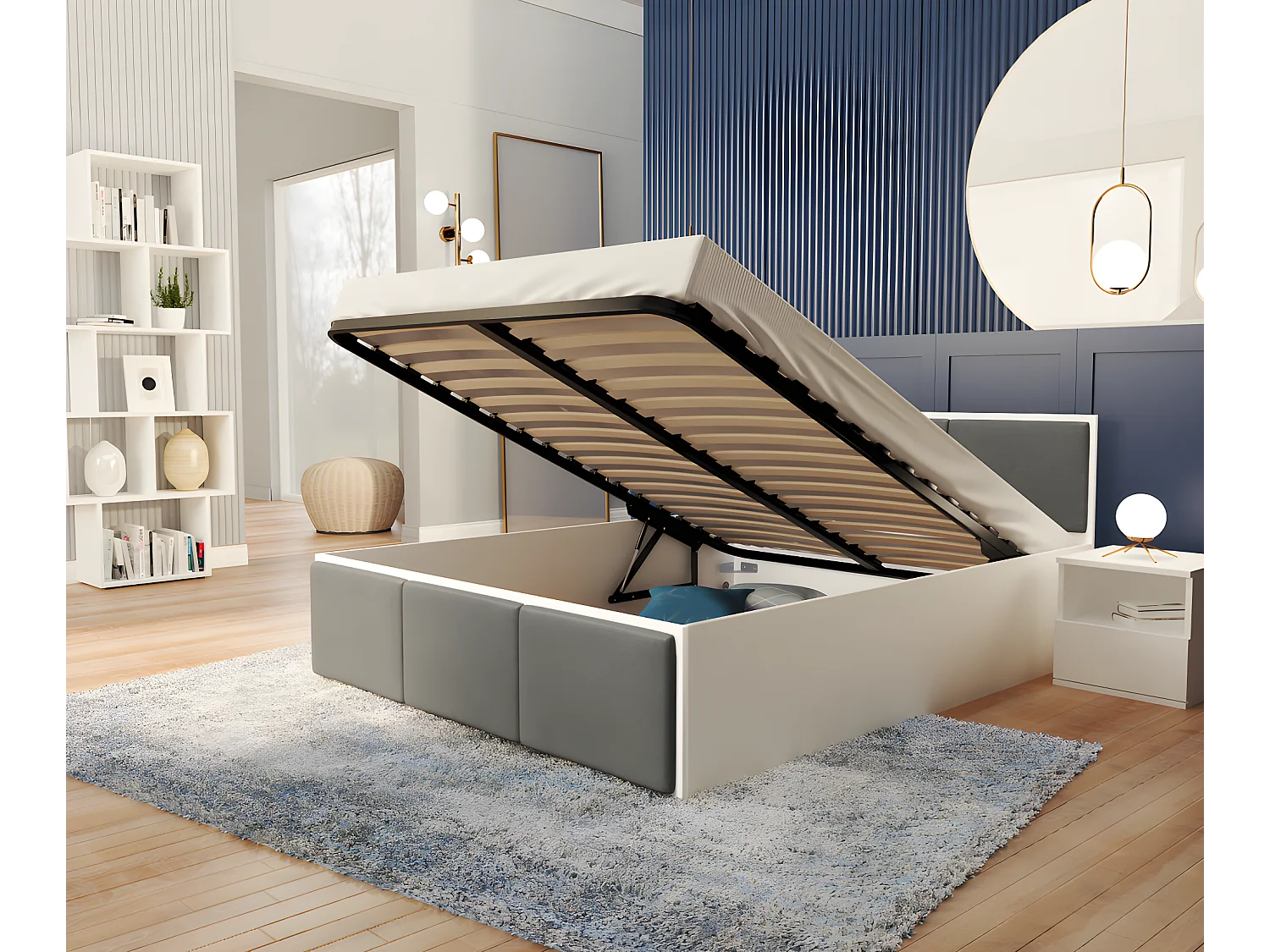 Lit coffre Barcelona 160 x 200 cm avec sommier à lattes relevable Blanc - Gris foncé