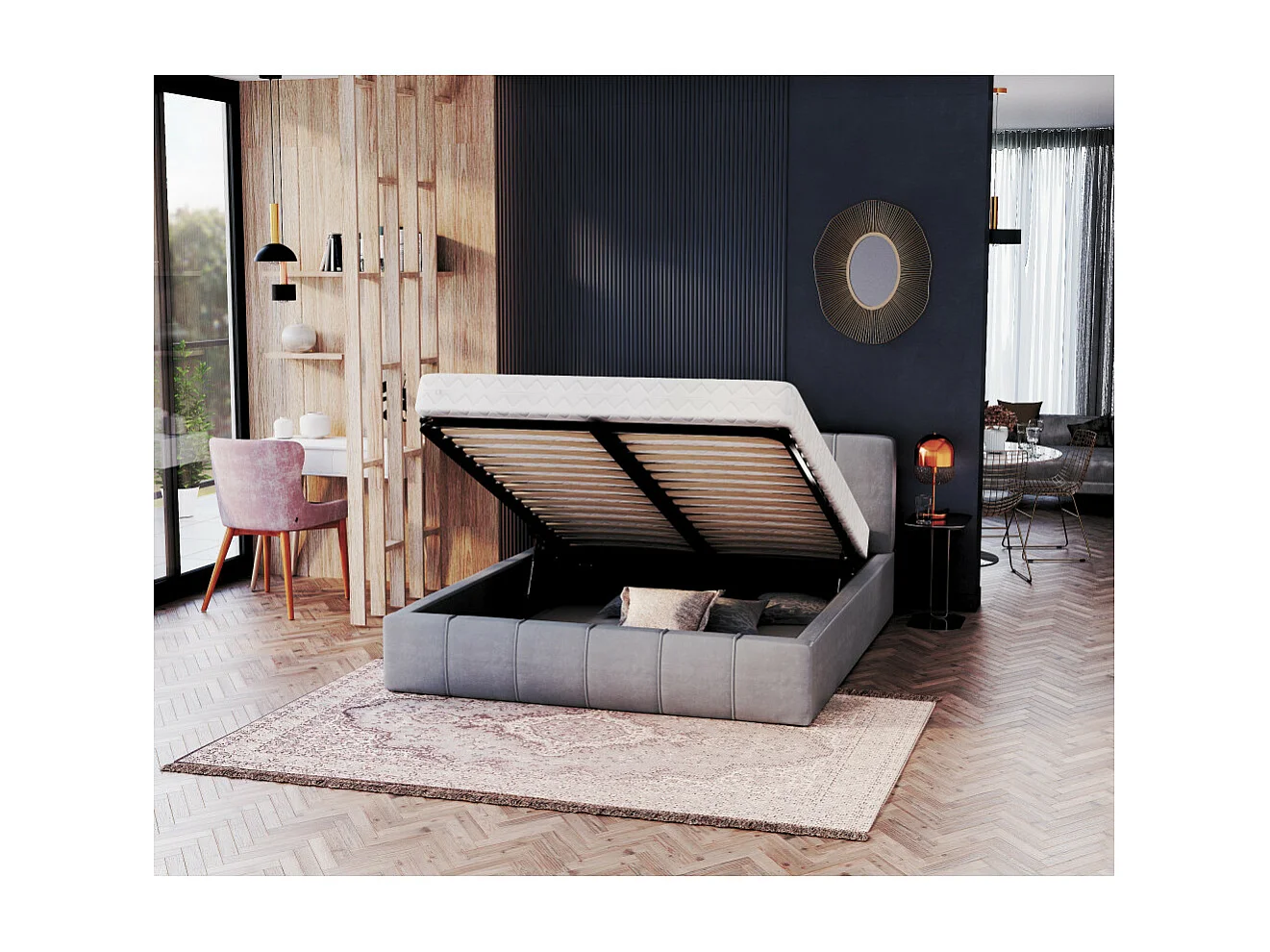 Lit coffre ATLANTA 140 x 190 cm avec sommier à lattes relevable Gris Clair