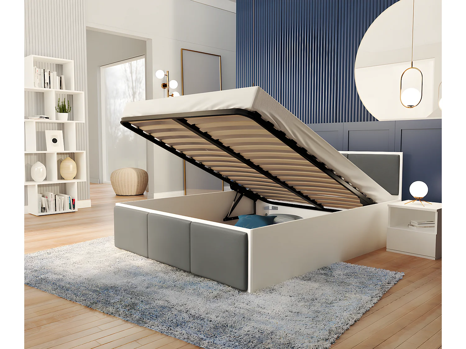 Lit coffre BARCELONA 140 x 190 cm avec sommier à lattes relevable Blanc - Gris foncé