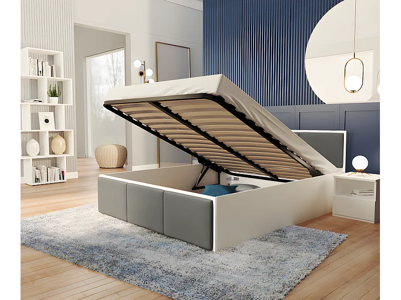 Lit coffre BARCELONA 140 x 190 cm avec sommier à lattes relevable Blanc - Gris foncé