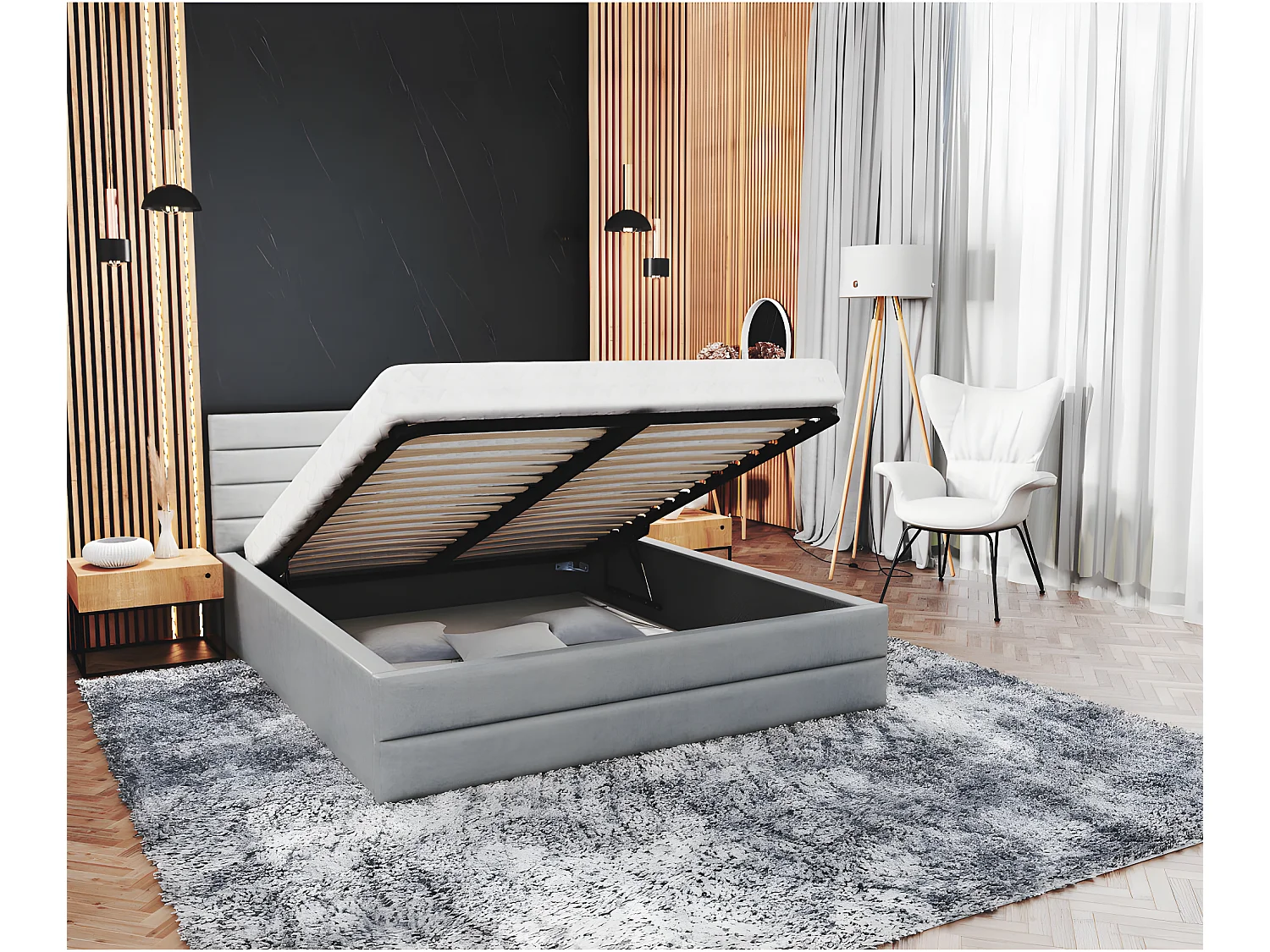 Lit coffre DALLAS 160 x 200 cm avec sommier à lattes relevable Gris Clair