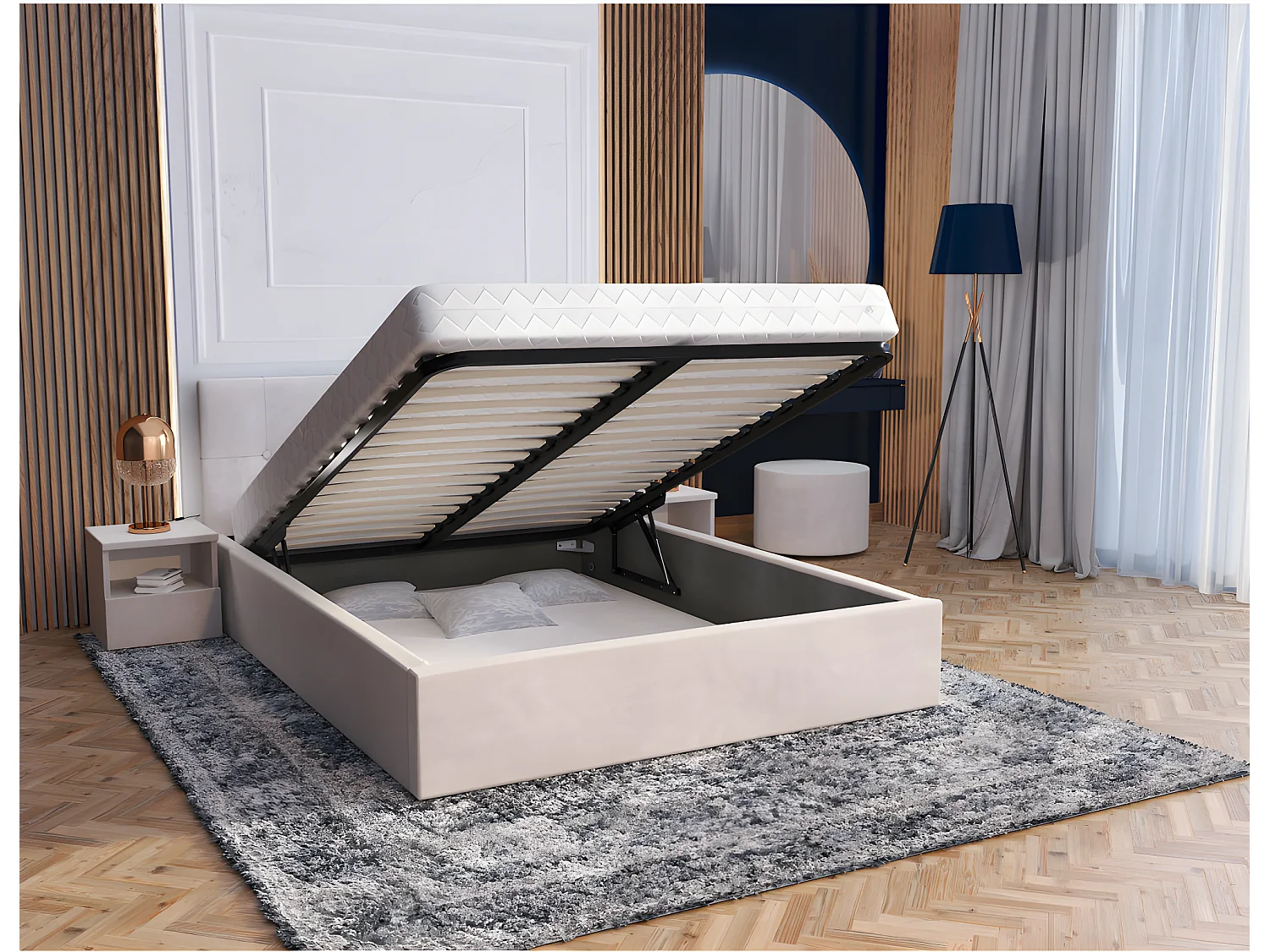 Lit coffre Vegas 160 x 200 cm avec sommier à lattes relevable Beige