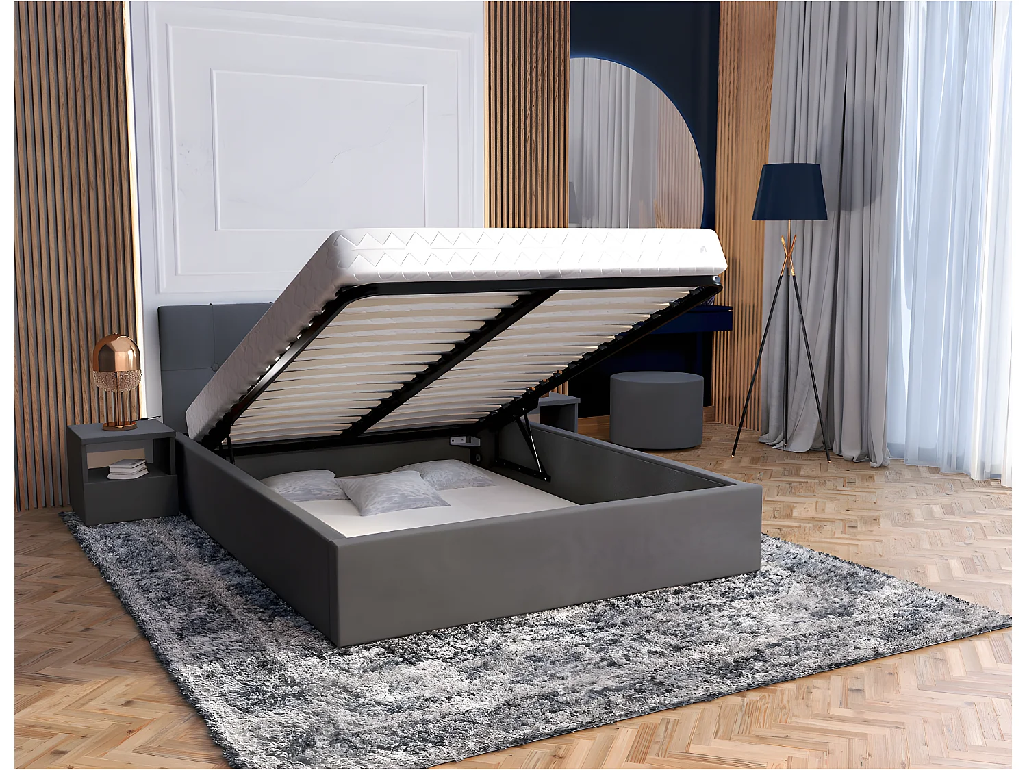 Lit coffre Vegas 160 x 200 cm avec sommier à lattes relevable Gris Foncé