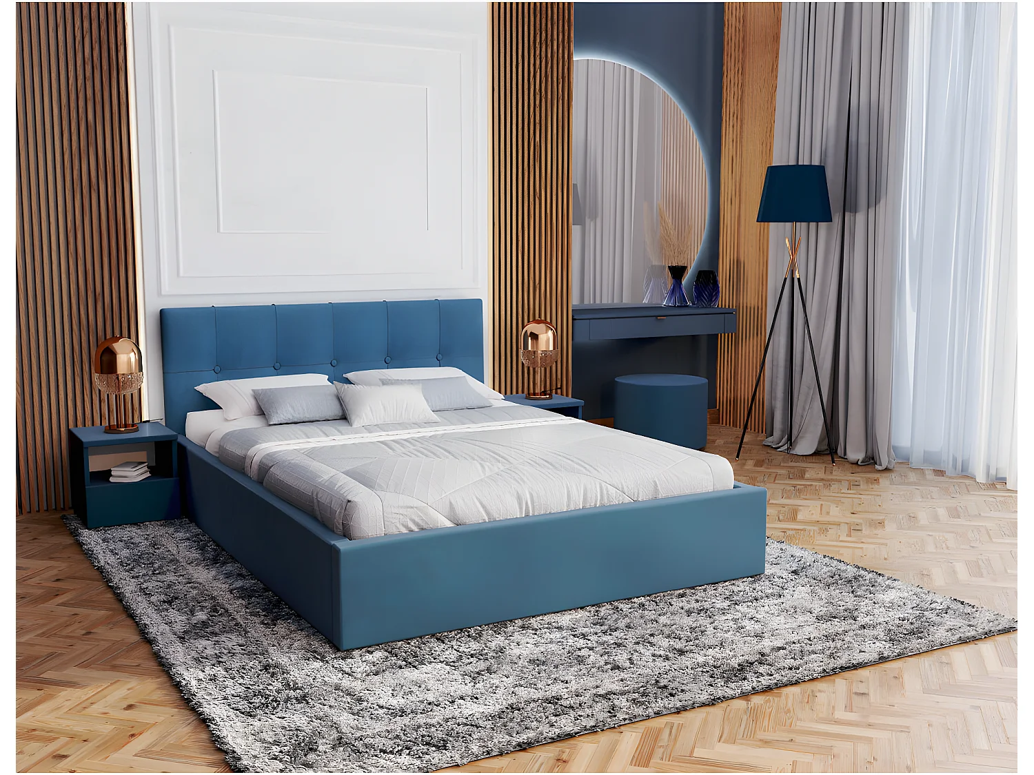 Lit coffre Vegas 160 x 200 cm avec sommier à lattes relevable Azur