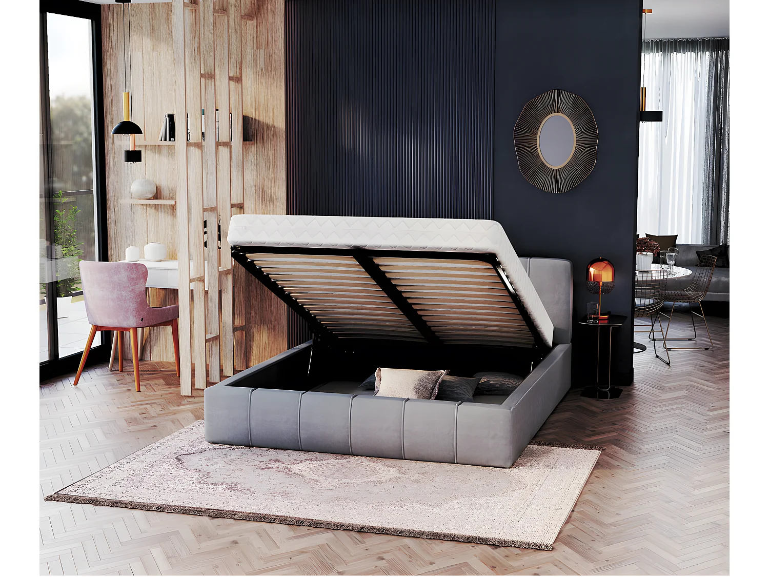 Lit coffre ATLANTA 160 x 200 cm avec sommier à lattes relevable Gris Clair