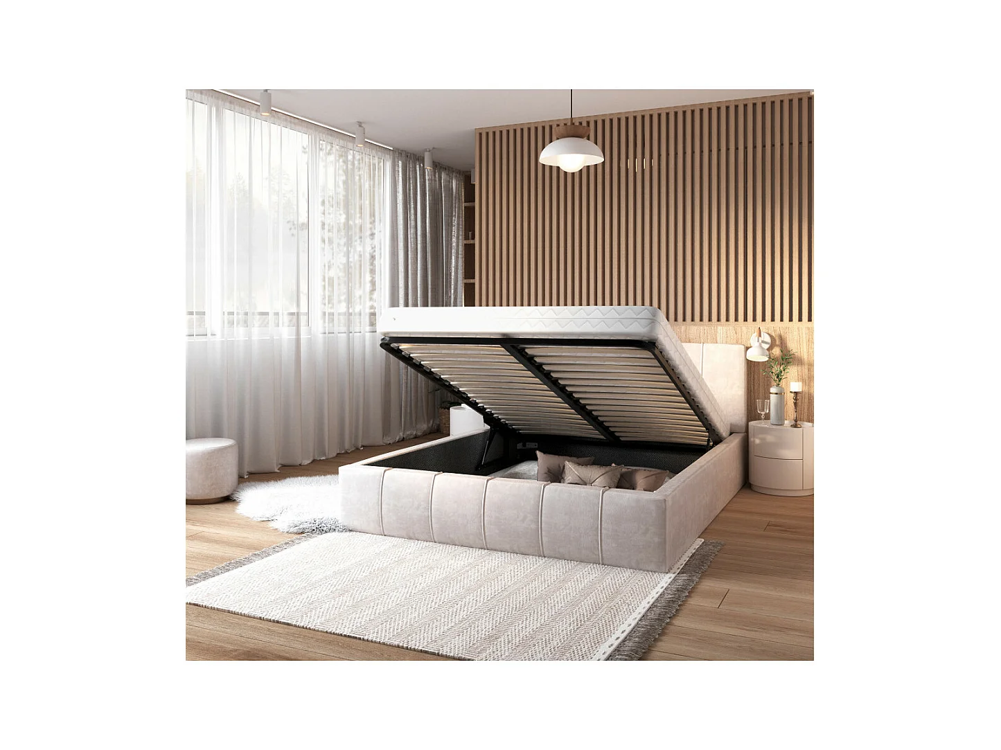 Lit coffre ATLANTA 160 x 200 cm avec sommier à lattes relevable Beige