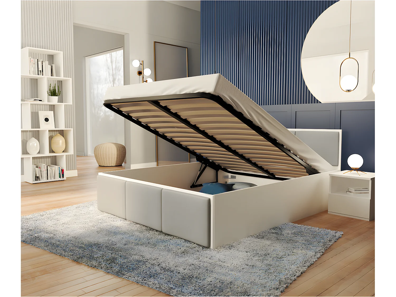 Lit coffre Barcelona 160 x 200 cm avec sommier à lattes relevable Blanc - Gris clair